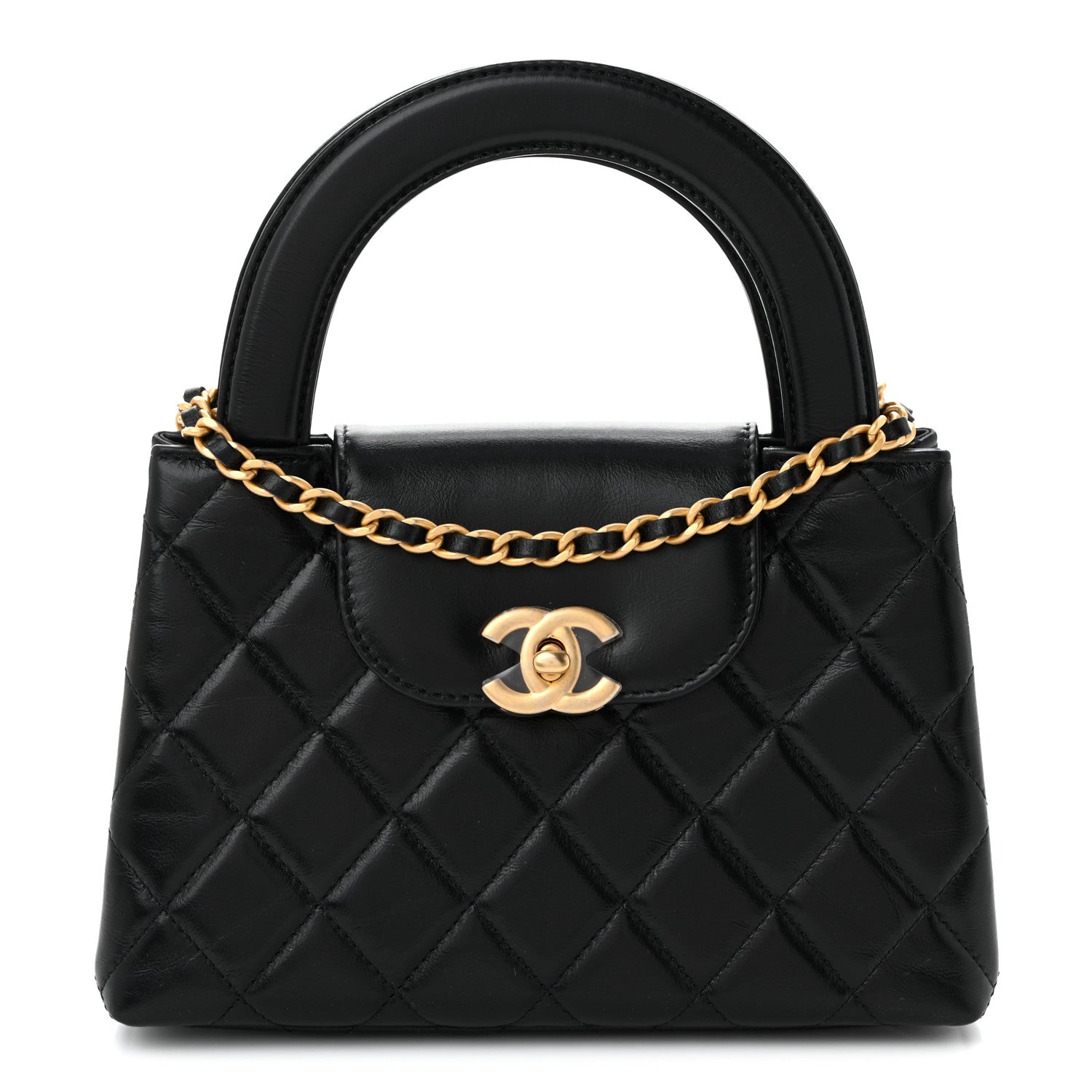 Shiny Aged Calfskin Quilted Nano Kelly Shopper Black