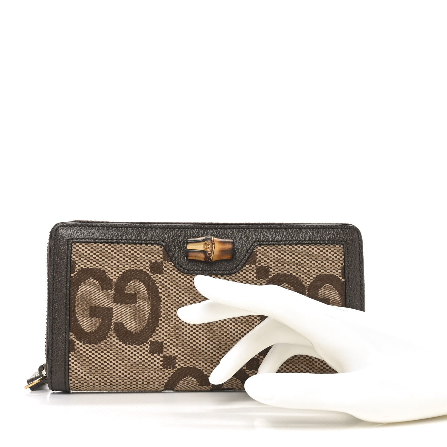 Monogram Jumbo GG Textured Dollar Calfskin Diana Zip Around Continental Wallet Camel Ebony New Acero