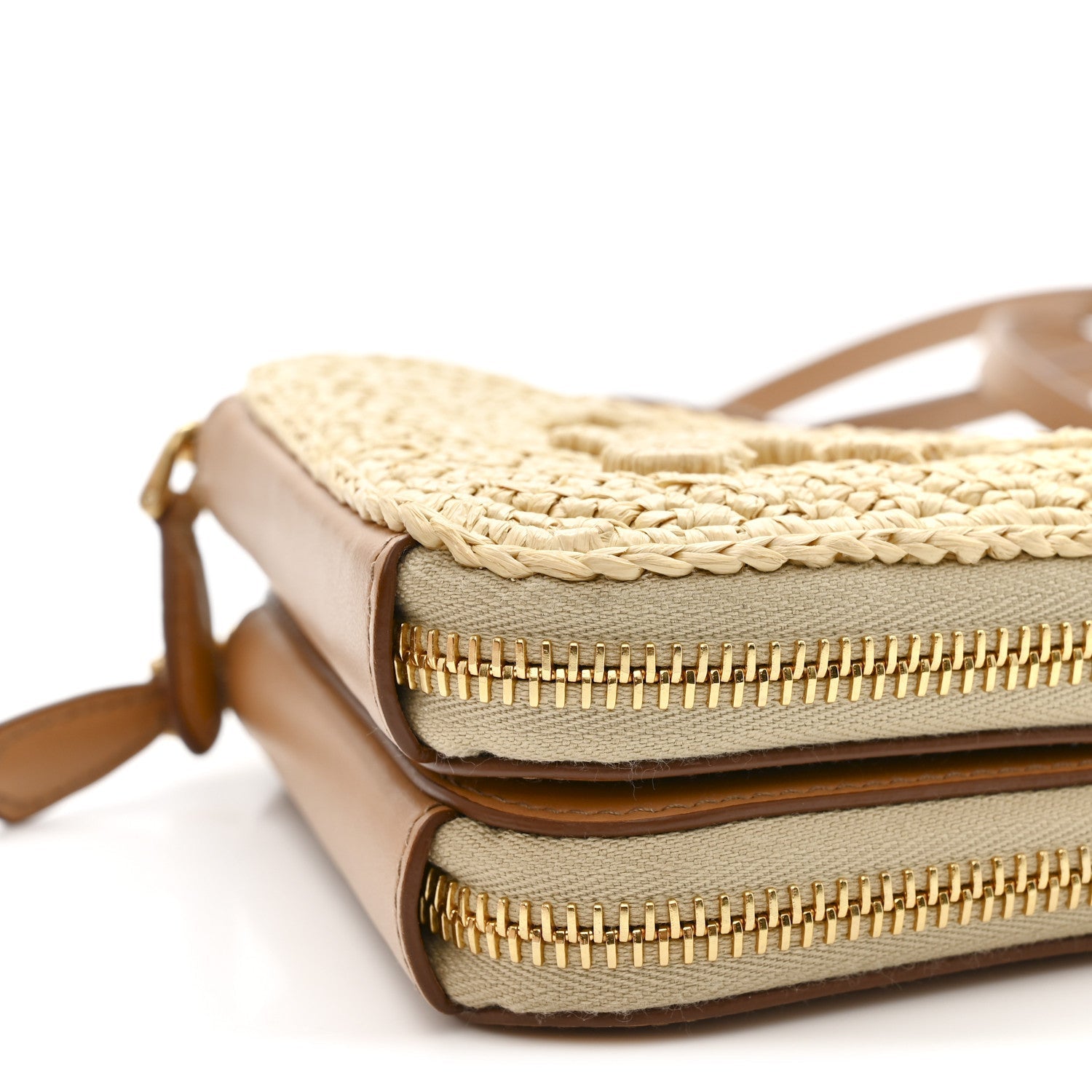 Raffia Calfskin Crochet Logo Embroidered Mini Triangle Crossbody Pouch Naturale