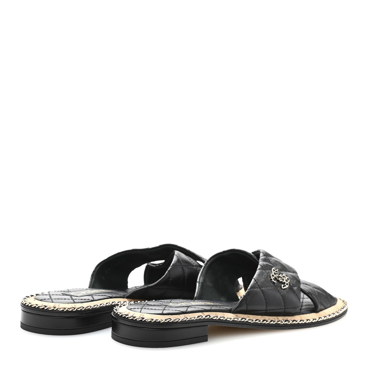 Lambskin Quilted Chain CC Sandals 39 Black