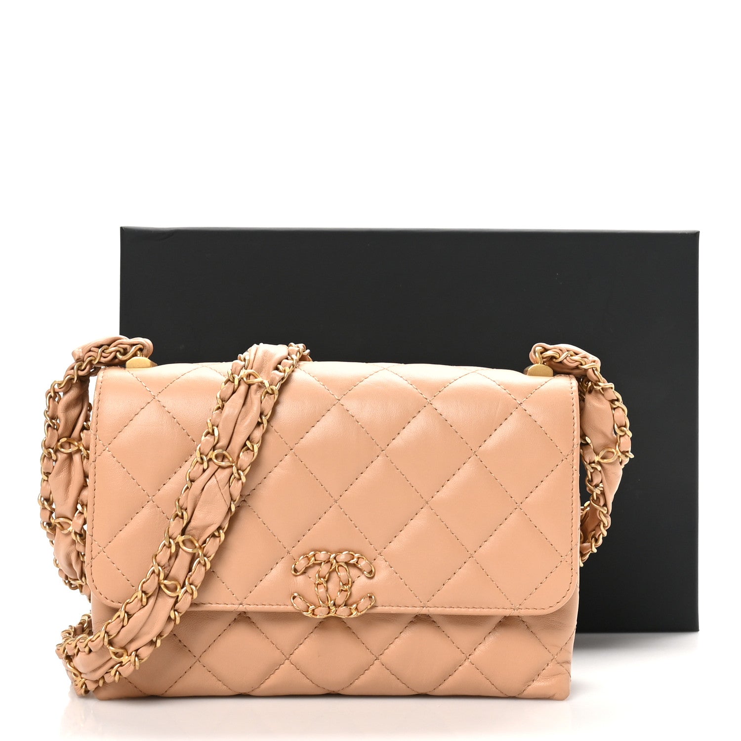 Crumpled Calfskin Quilted Coco First Flap Beige