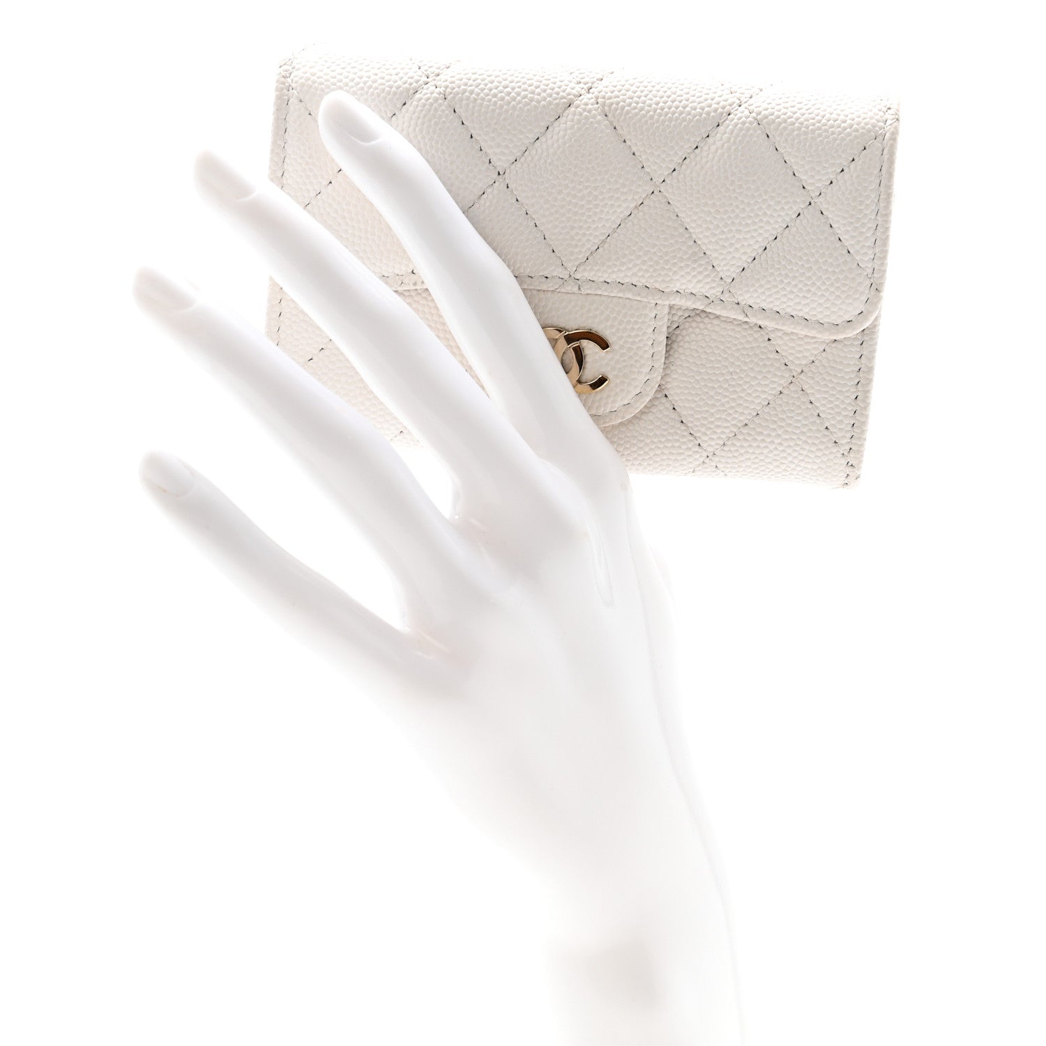 Caviar Quilted Flap Card Holder Wallet White