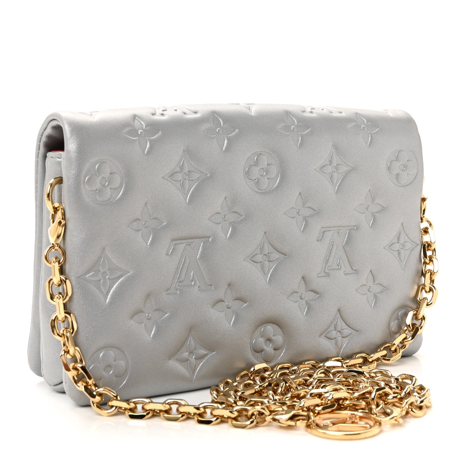 Metallic Lambskin Embossed Monogram Pochette Coussin Silver