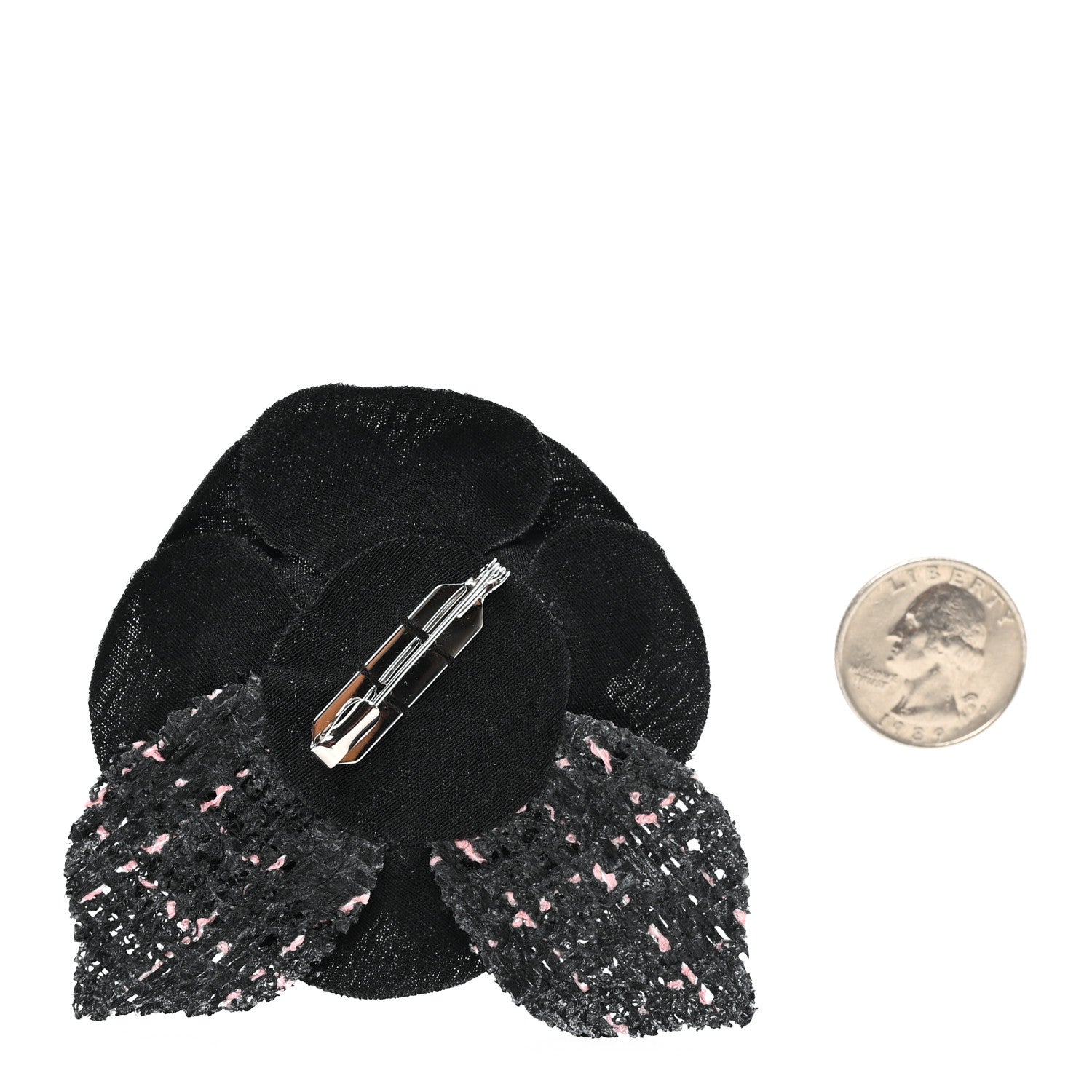 Tweed Camellia Pin Brooch Black Pink