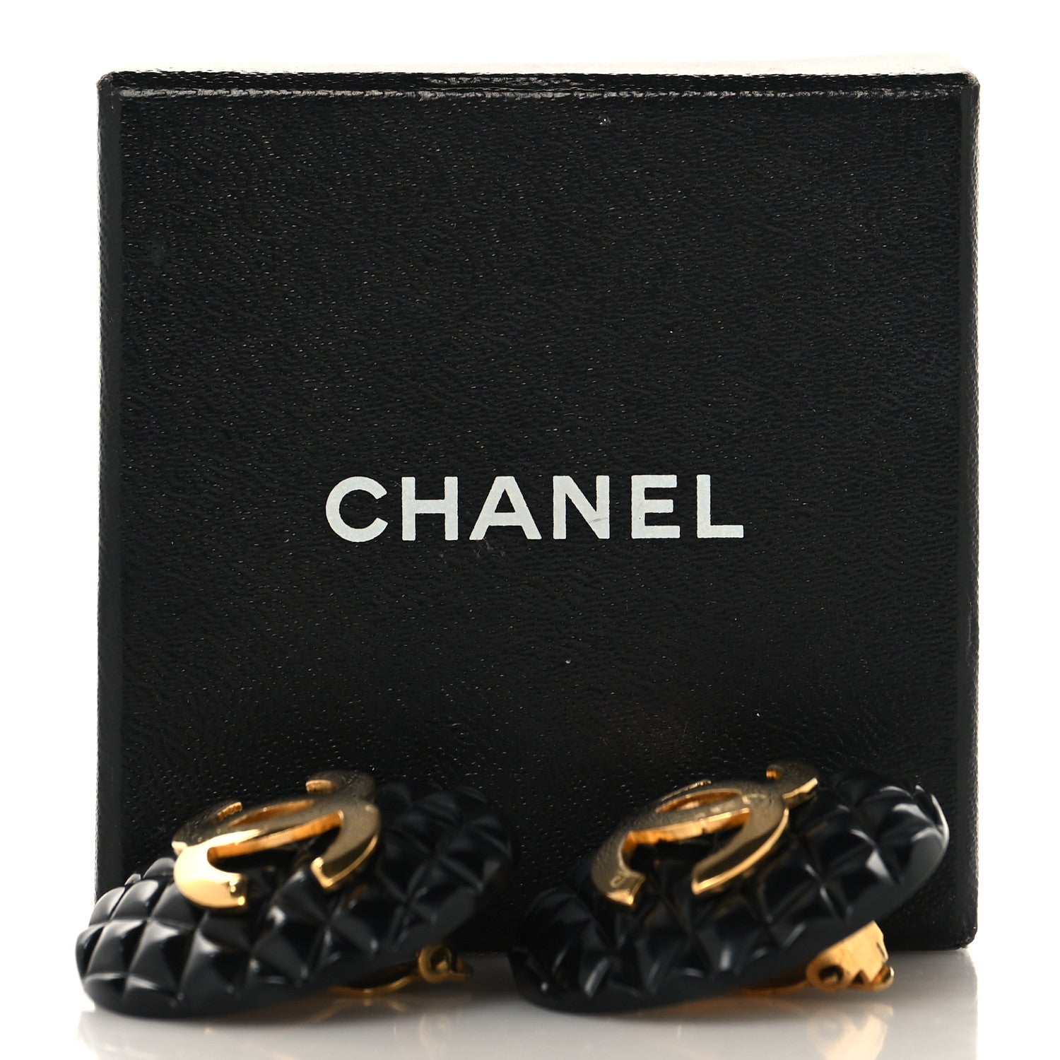 Enamel Quilted CC Clip On Earrings Black Gold