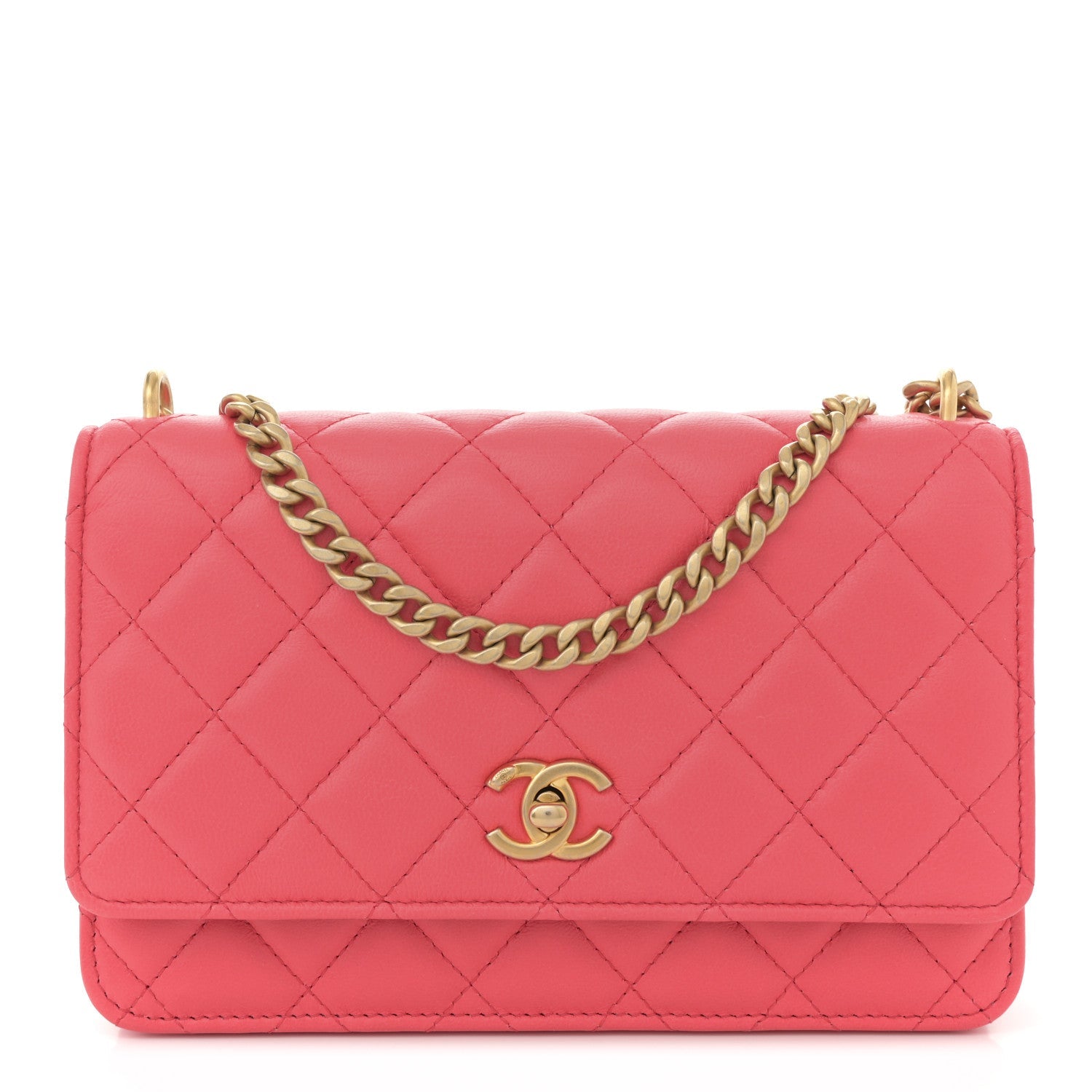 Lambskin Quilted Sweet Camellia Wallet On Chain WOC Coral