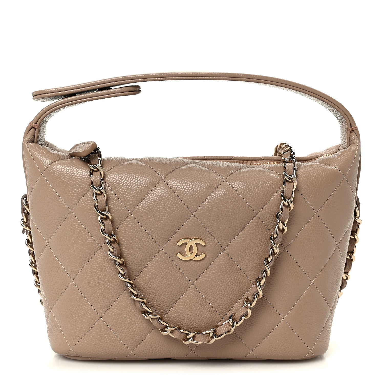 Caviar Quilted Hobo Clutch With Chain Dark Beige