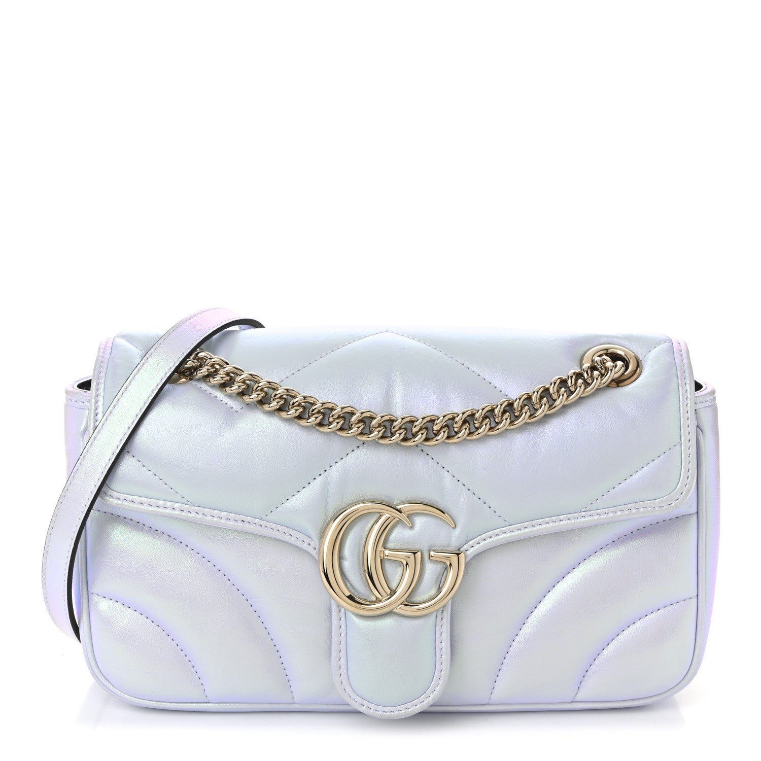 Iridescent Nappa Chevron Matelasse Small GG Marmont Shoulder Bag Snow Light Blue