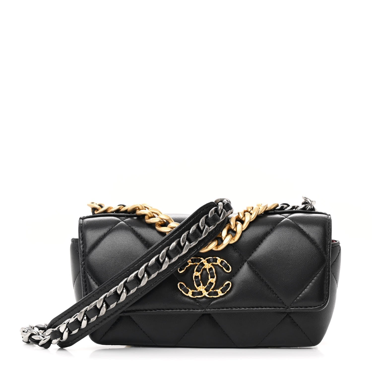 Goatskin Quilted Chanel 19 Glasses Case With Chain Black