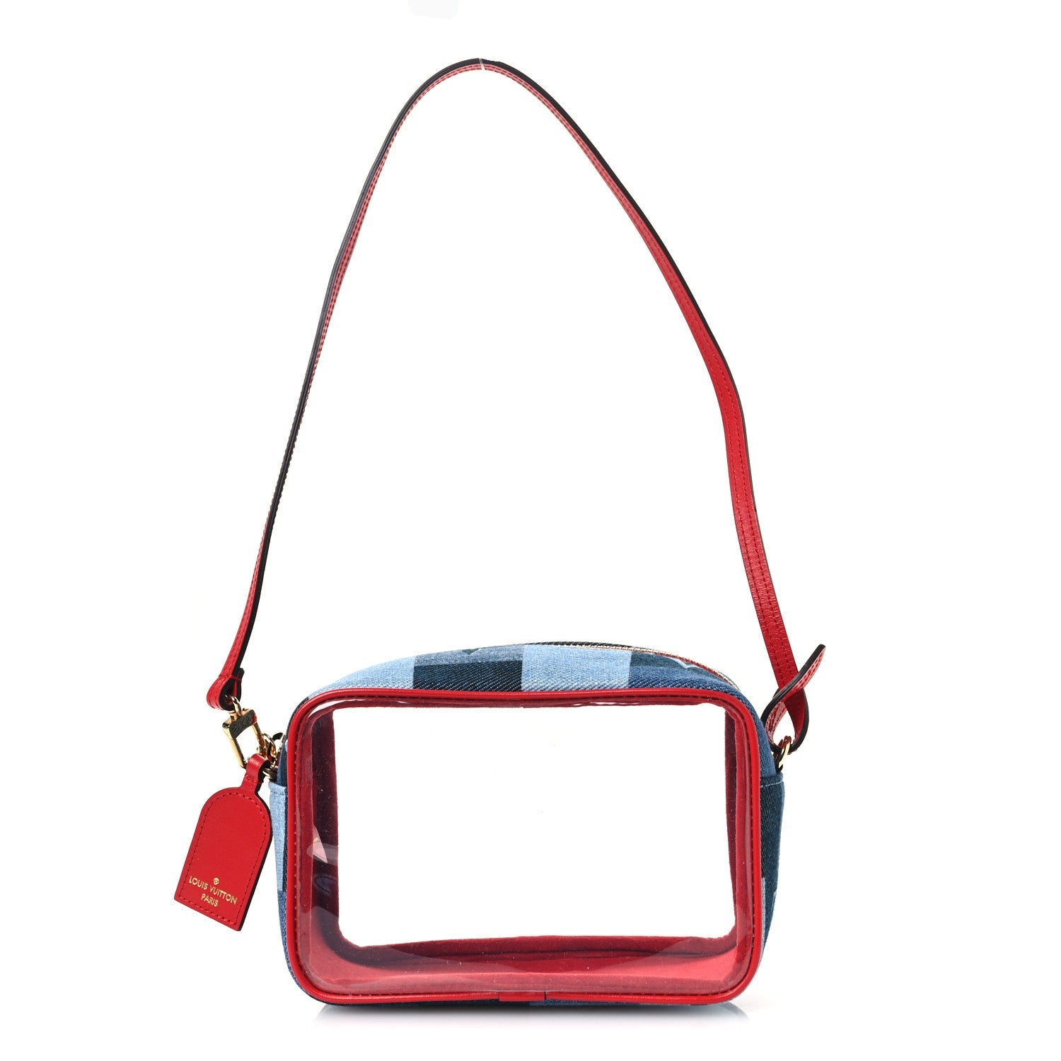 Denim Damier Monogram Patchwork PVC Beach Pouch Blue Rouge