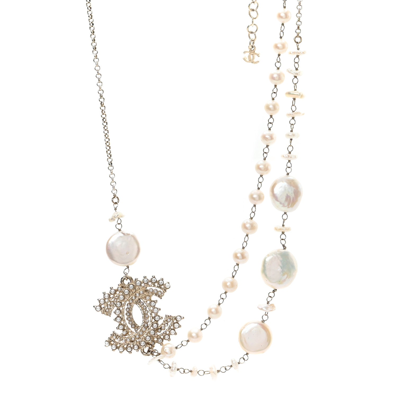 Pearl CC Double Strand Choker Necklace Gold Pearly White