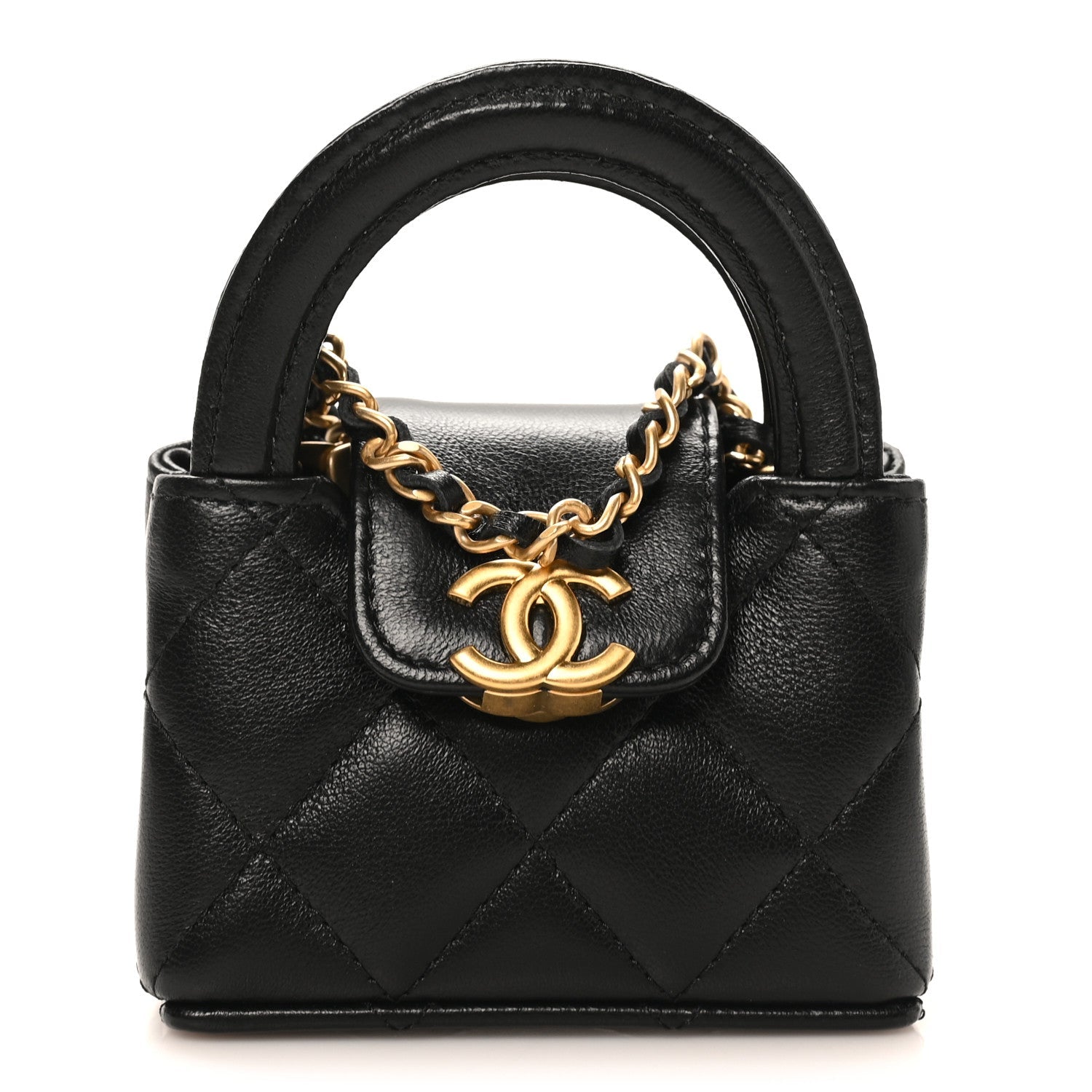 Shiny Lambskin Quilted Mini Kelly Bag Charm Black