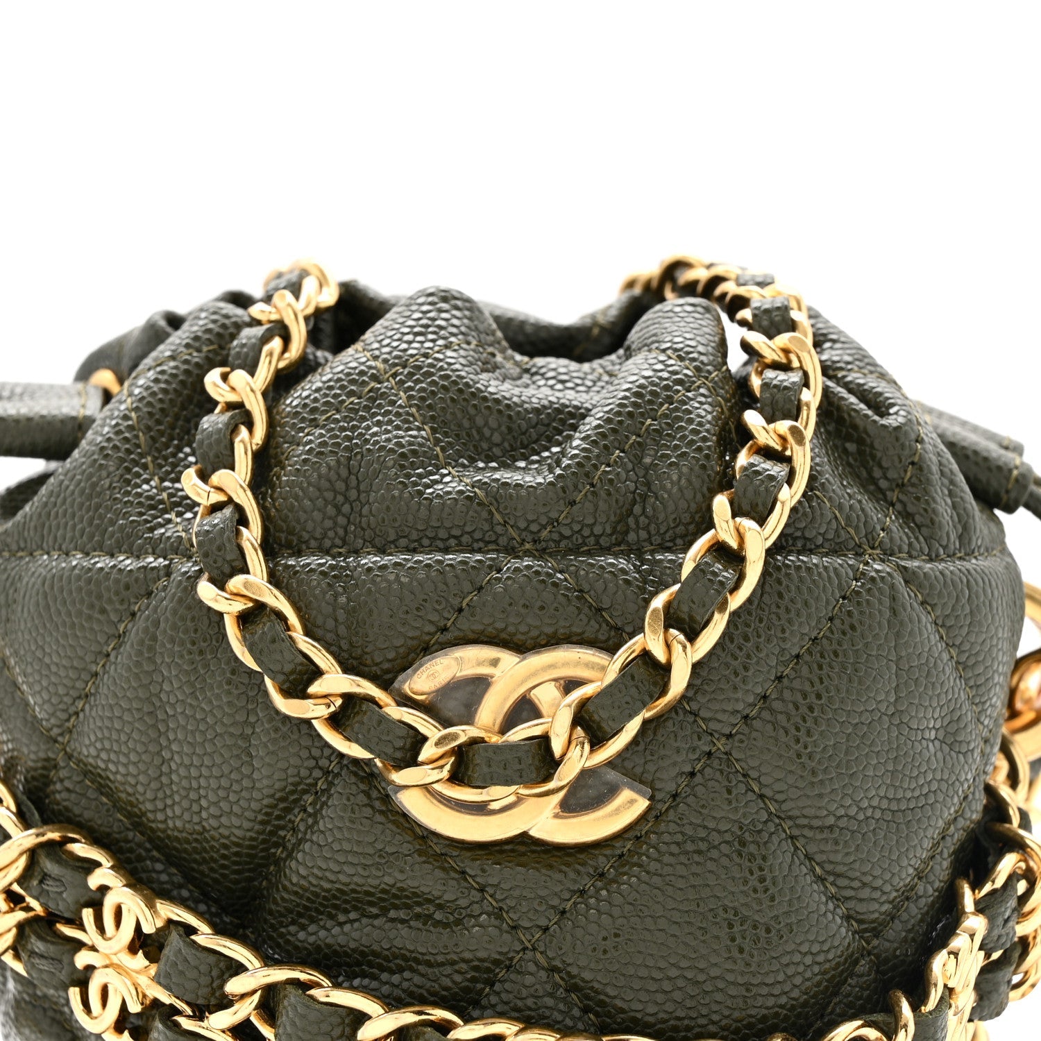 Caviar Quilted Coco First Bucket Clutch With Chain Khaki