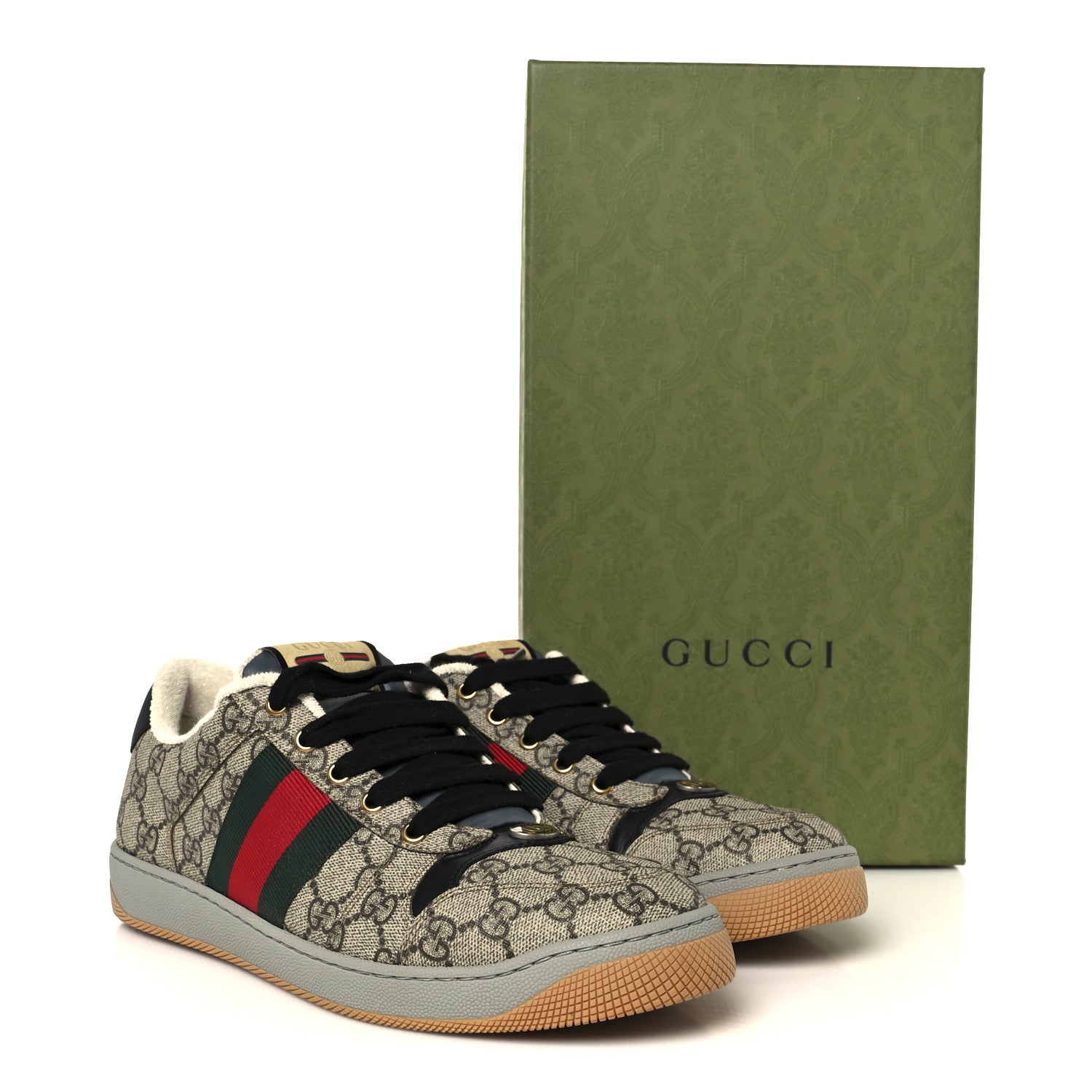 GG Supereme Monogram Miro Soft Calfskin Web Mens Screener Sneakers 8.5 8.5 Beige Ebony Black New Platinum