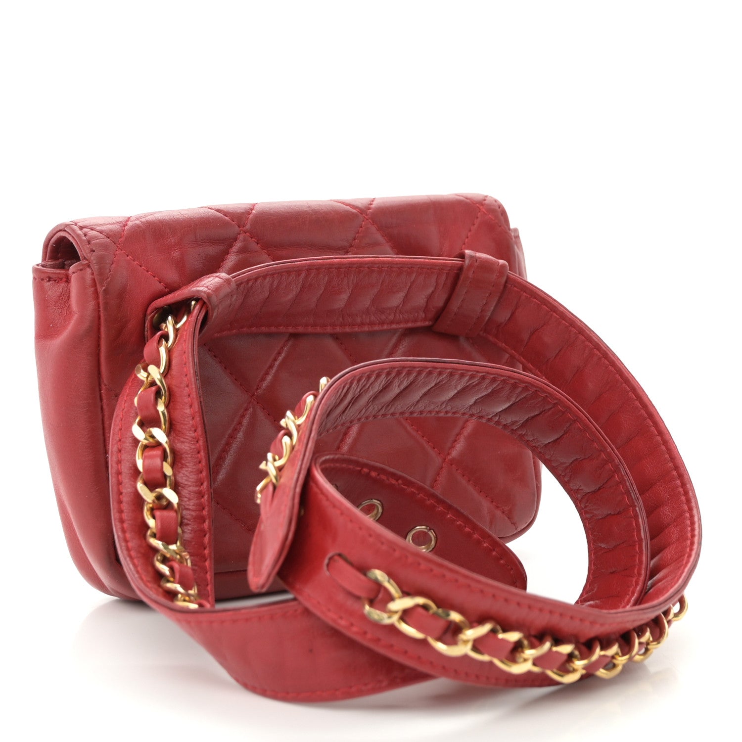 Lambskin Quilted Waist Chain Belt Flap Bag Red