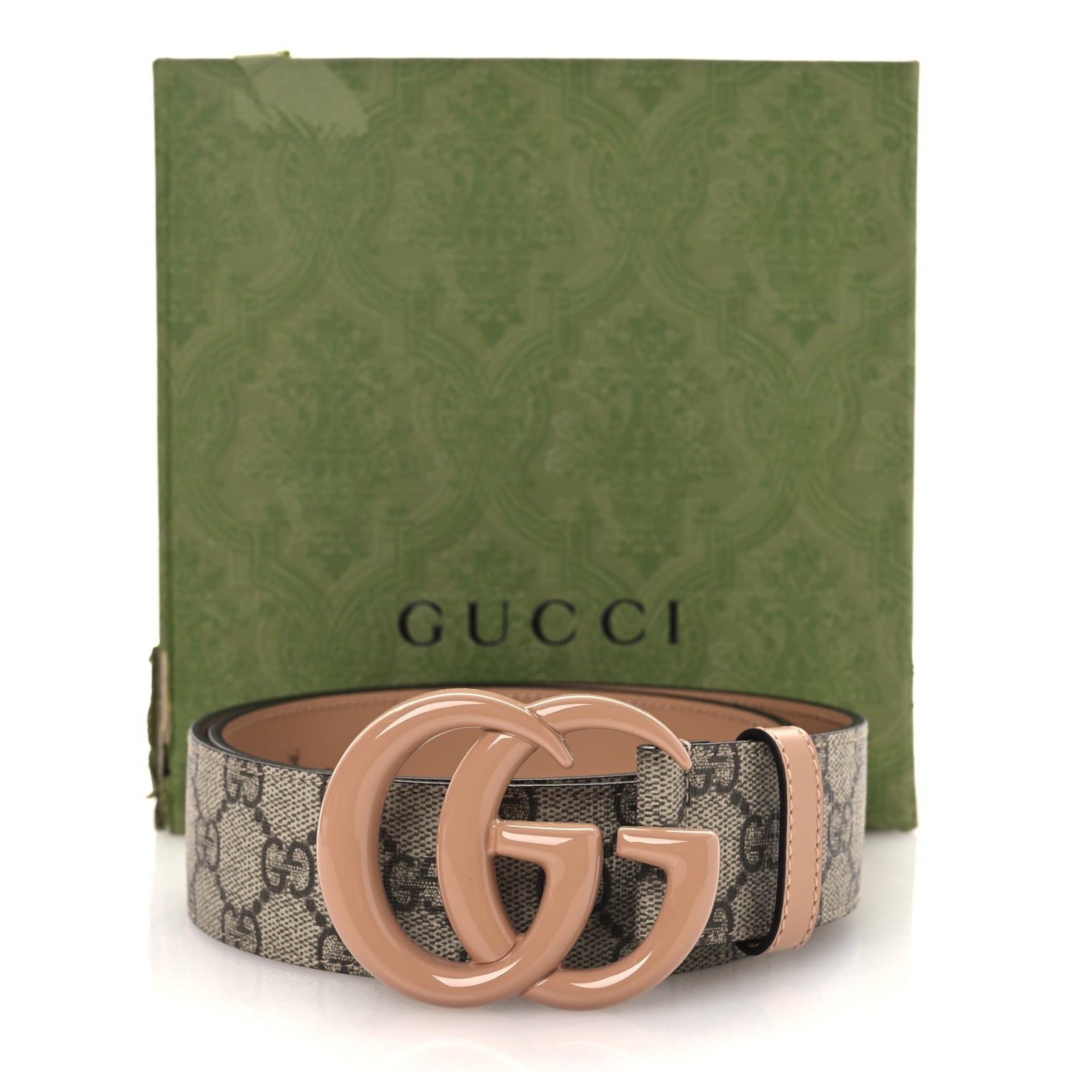 GG Supreme Monogram Plutone Calfskin Enamel Double G Belt 80 32 Beige Ebony Camelia
