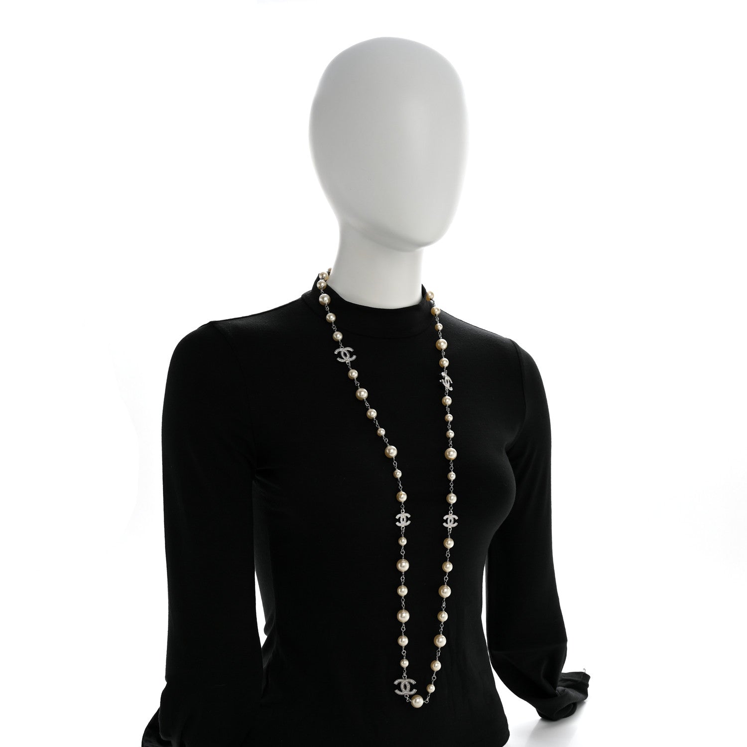 Graduated Pearl Crystal CC Long Necklace Silver
