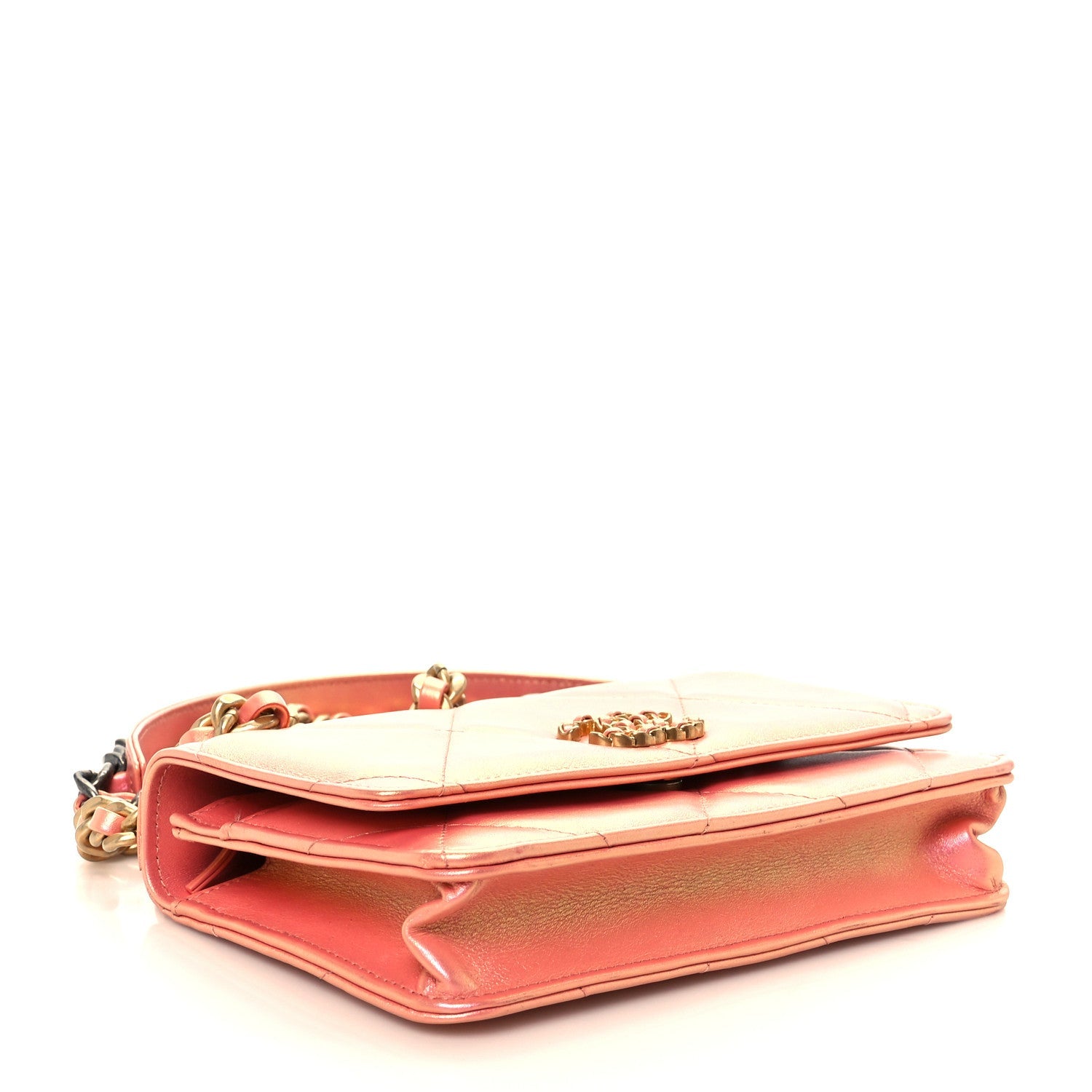 Iridescent Calfskin Quilted Chanel 19 Wallet On Chain WOC Pink