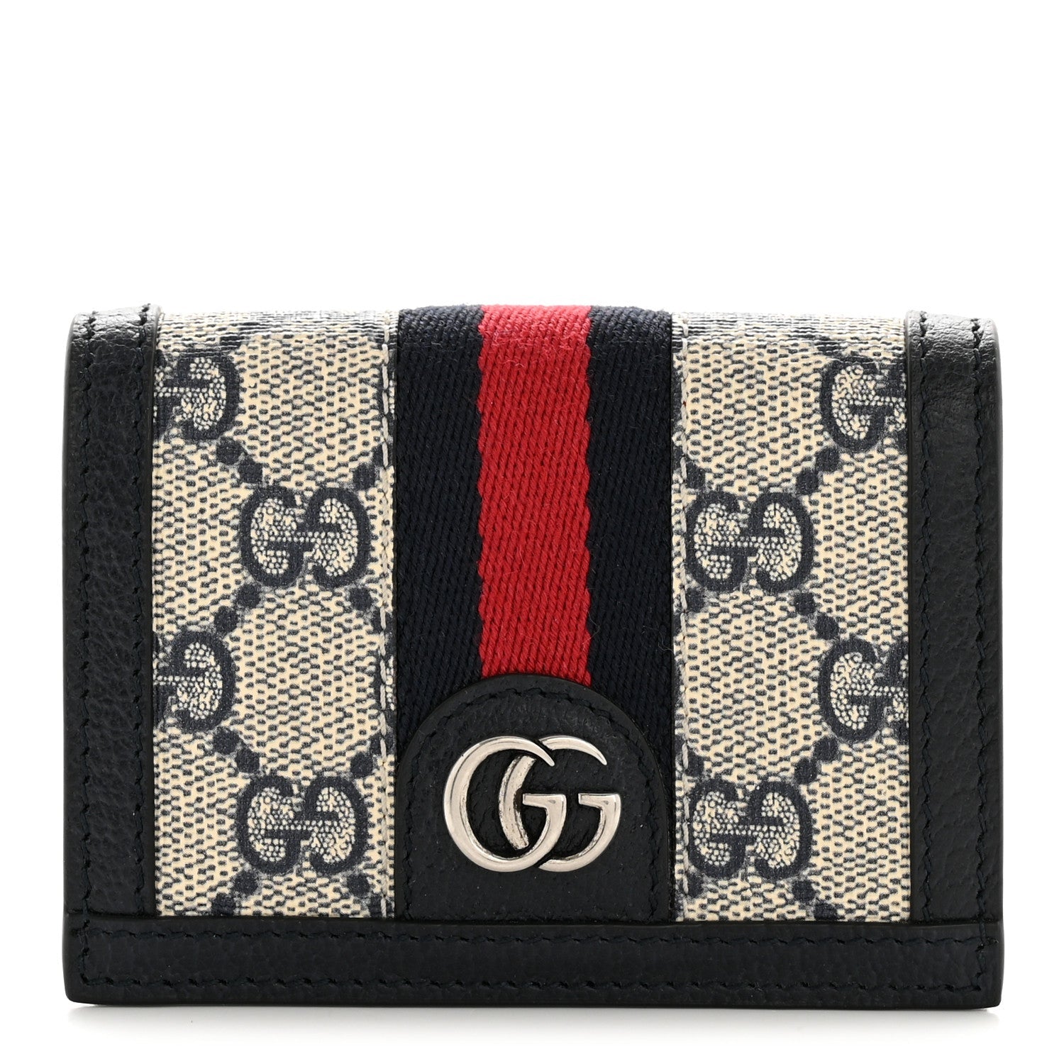 GG Supreme Monogram Textured Dollar Calfskin Web Ophidia Card Case Beige Blue