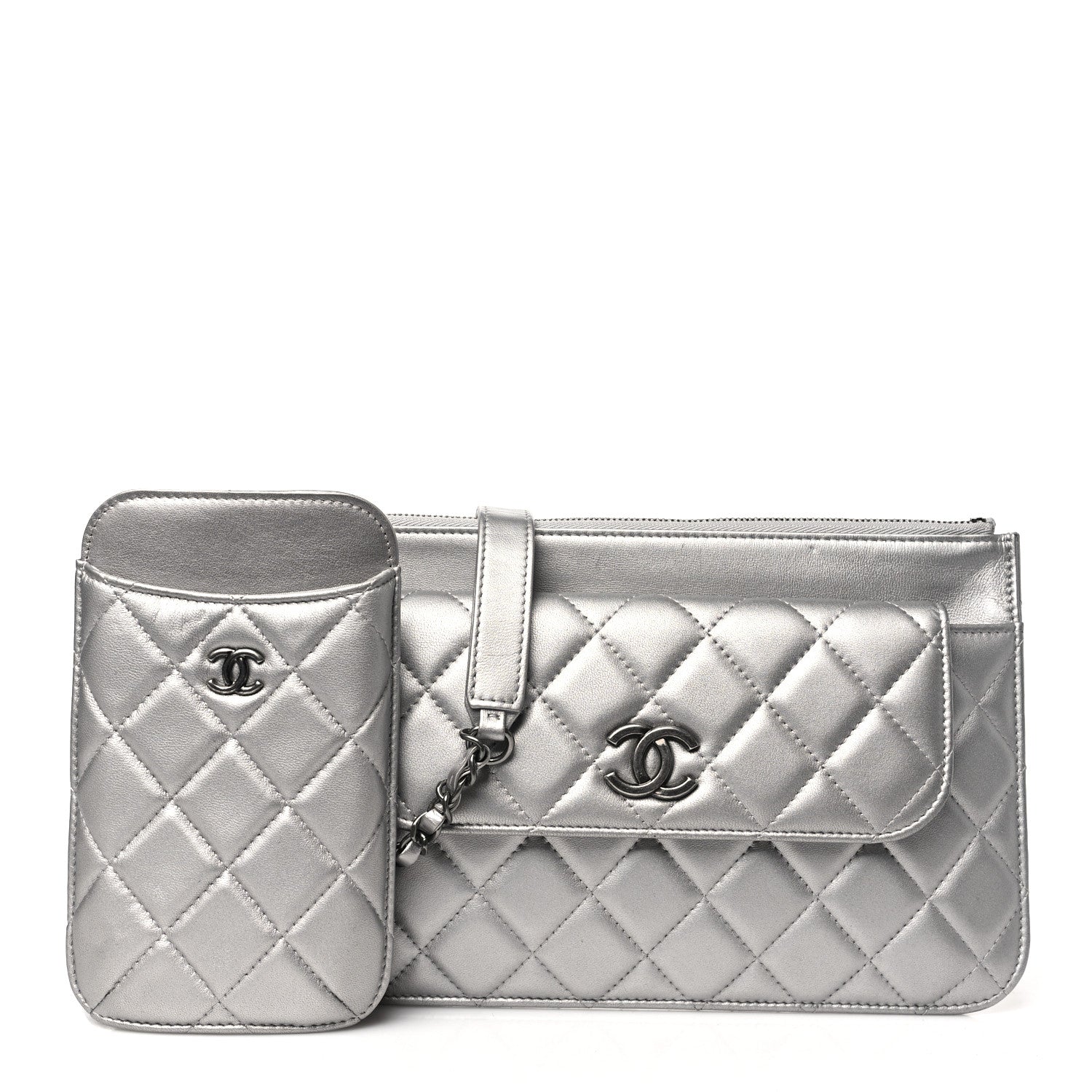 Metallic Lambskin Quilted Clutch With Chain Silver