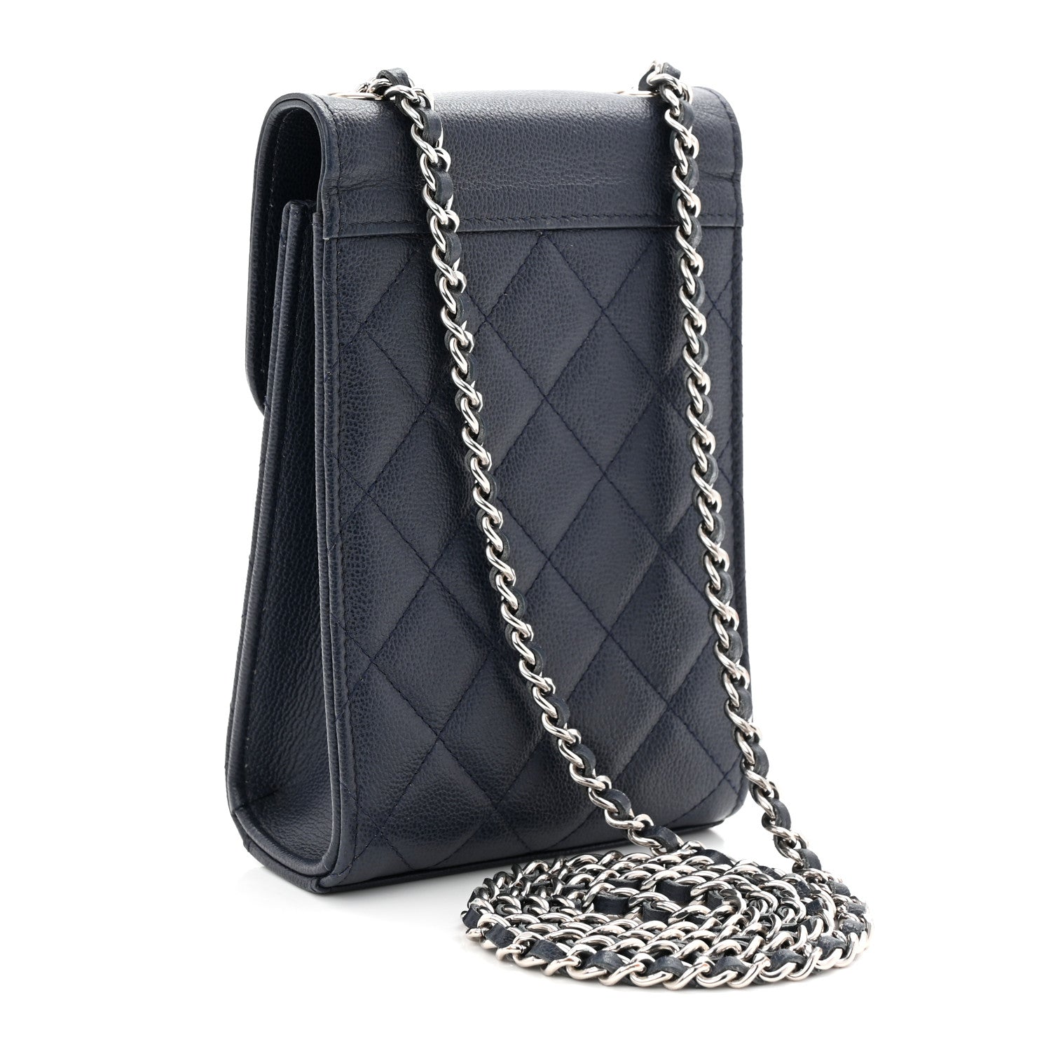 Grained Calfskin Quilted CC Box Clutch With Chain Navy