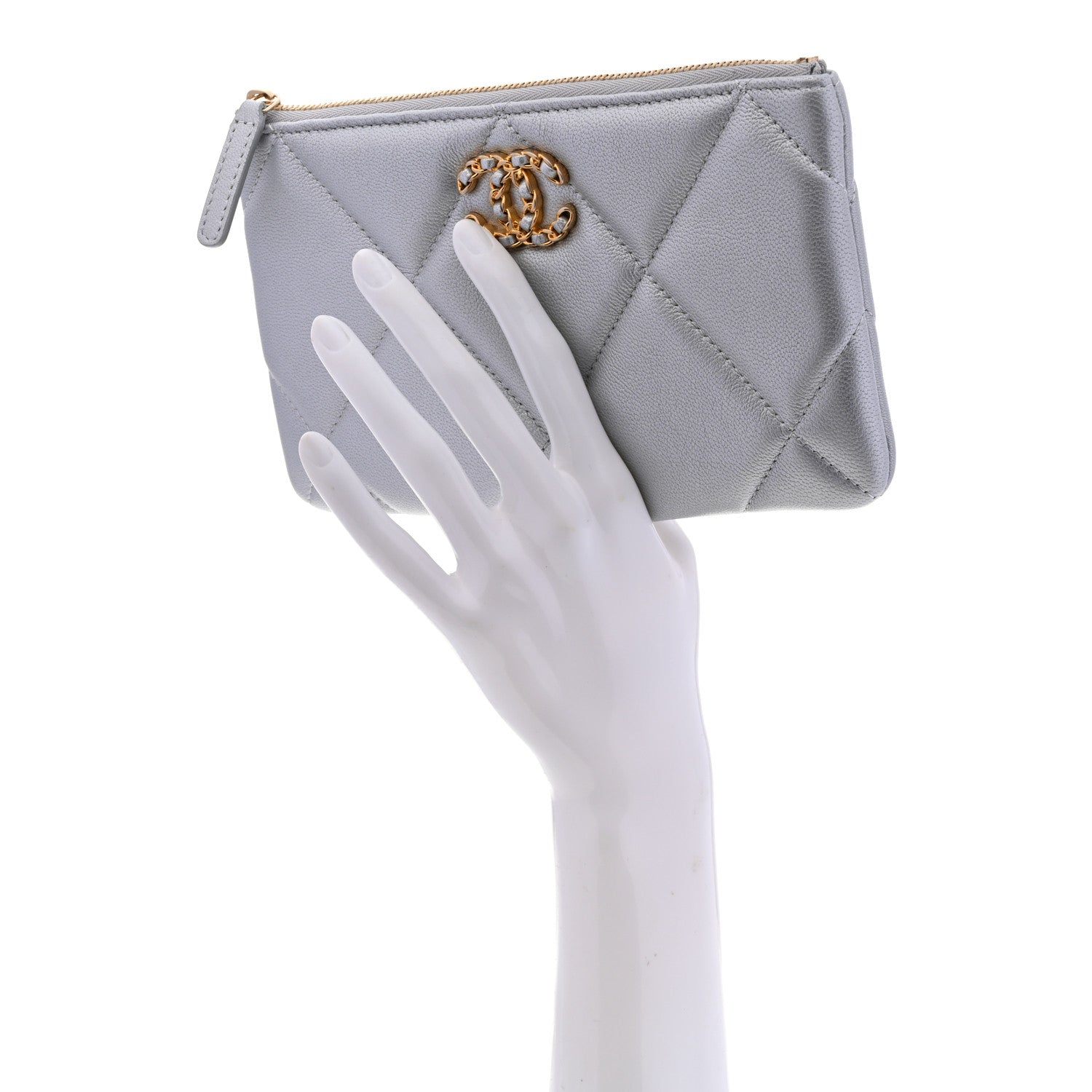 Shiny Goatskin Quilted Small Chanel 19 Pouch Silver