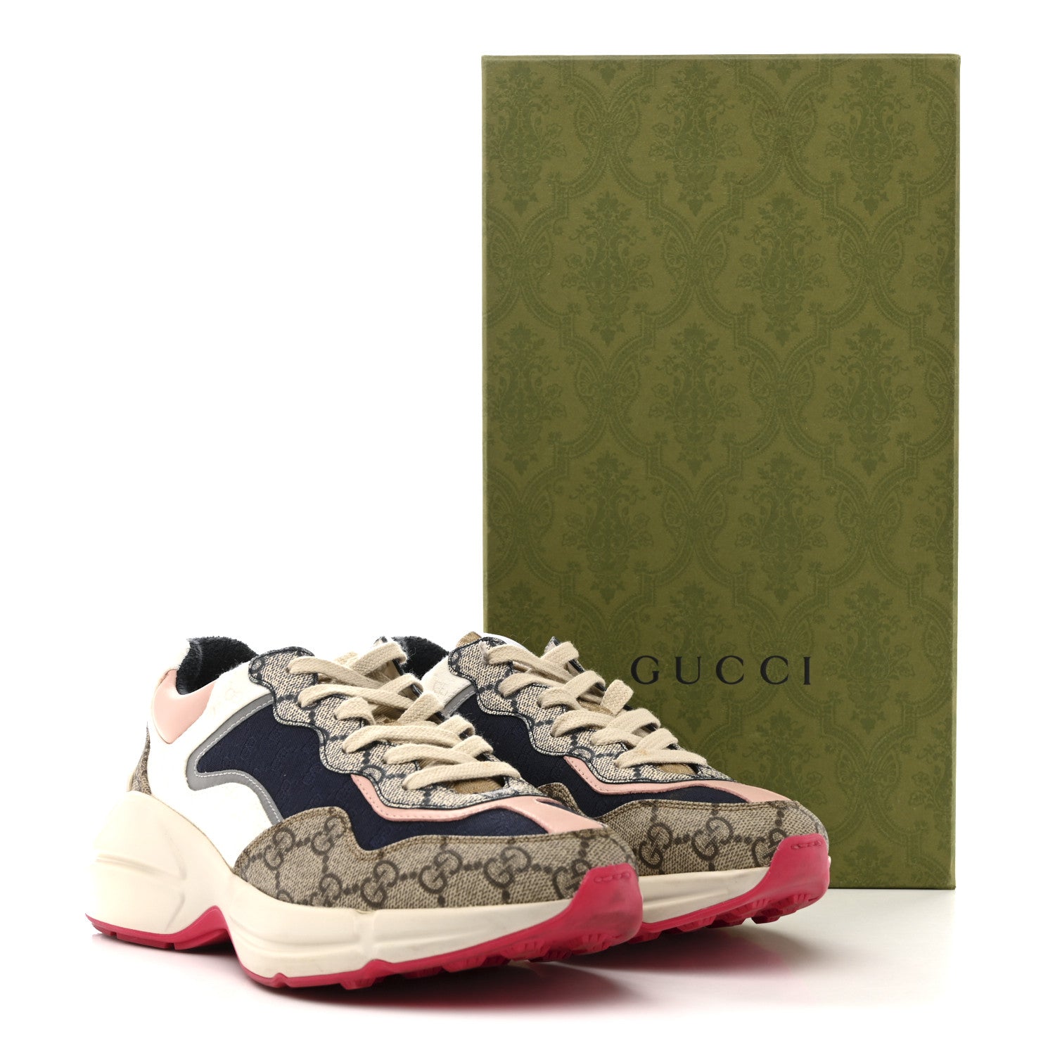 GG Supreme Monogram Mix Monogram Womens Rhyton Sneakers 37.5 London Blue Beige Pale Pink