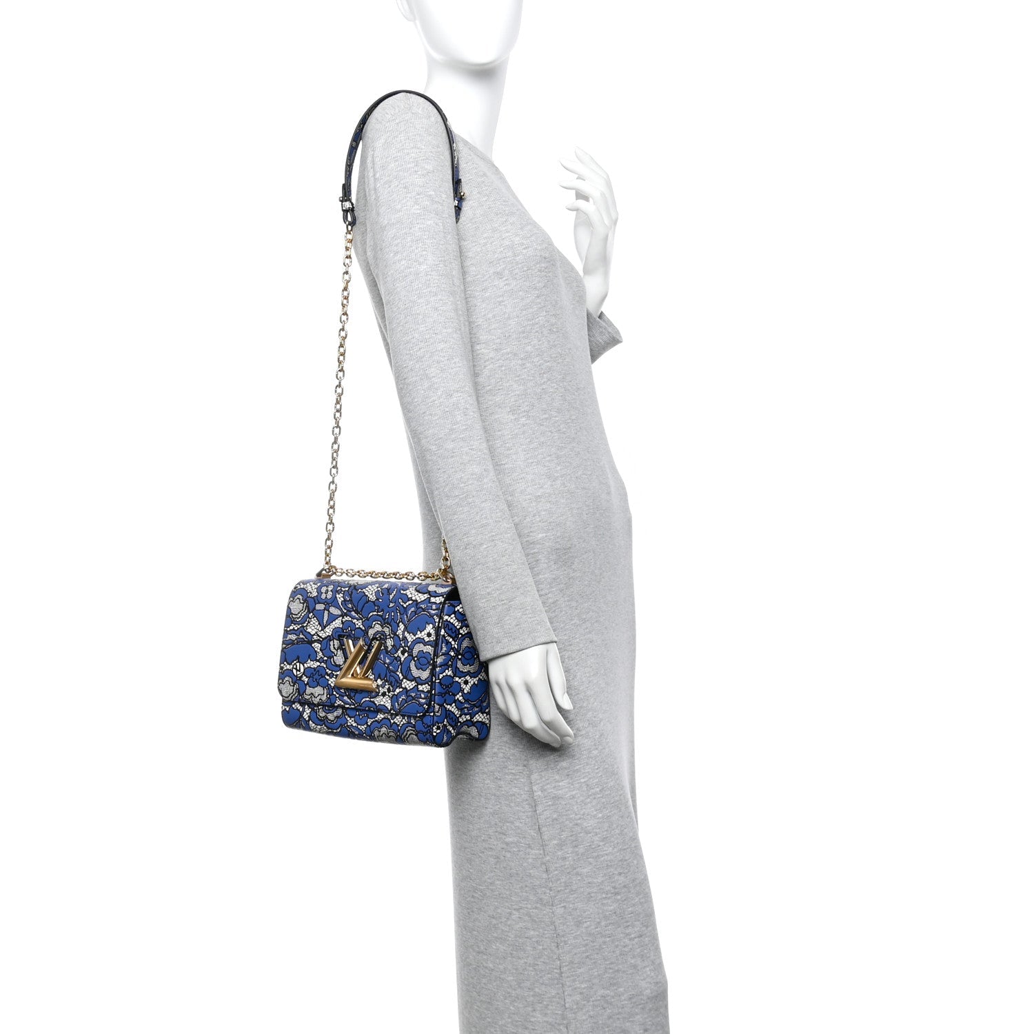 Calfskin Lace Flower Inlay Twist Shoulder Bag MM Navy Black