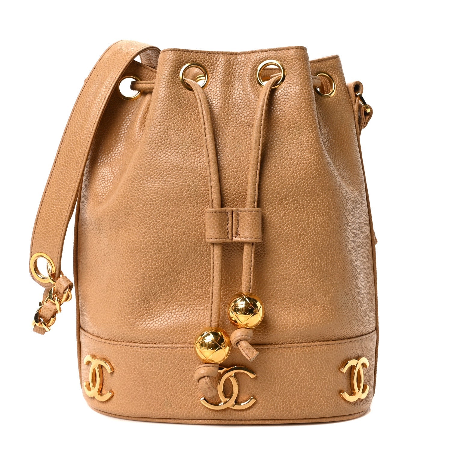 Caviar CC Drawstring Shoulder Bag Beige