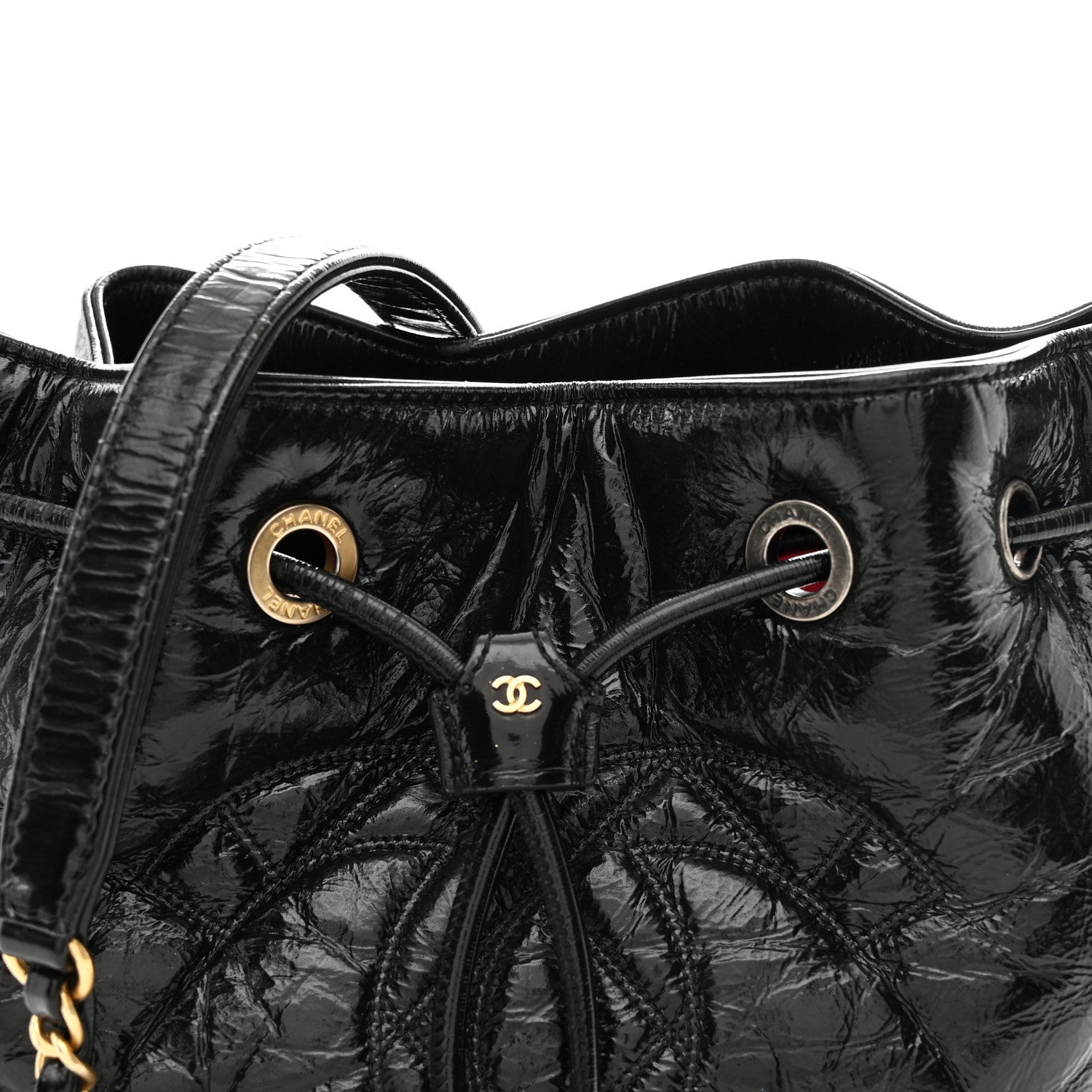 Shiny Aged Calfskin CC Chain Drawstring Bag Black