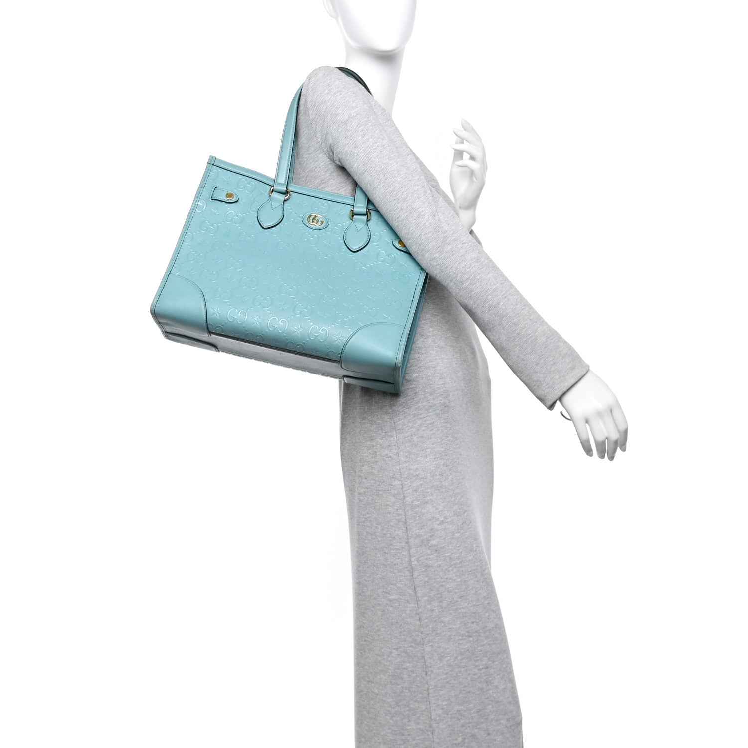Wonka Grain Calfskin GG Monogram Star Embossed Medium GG Tote Dusty Azure