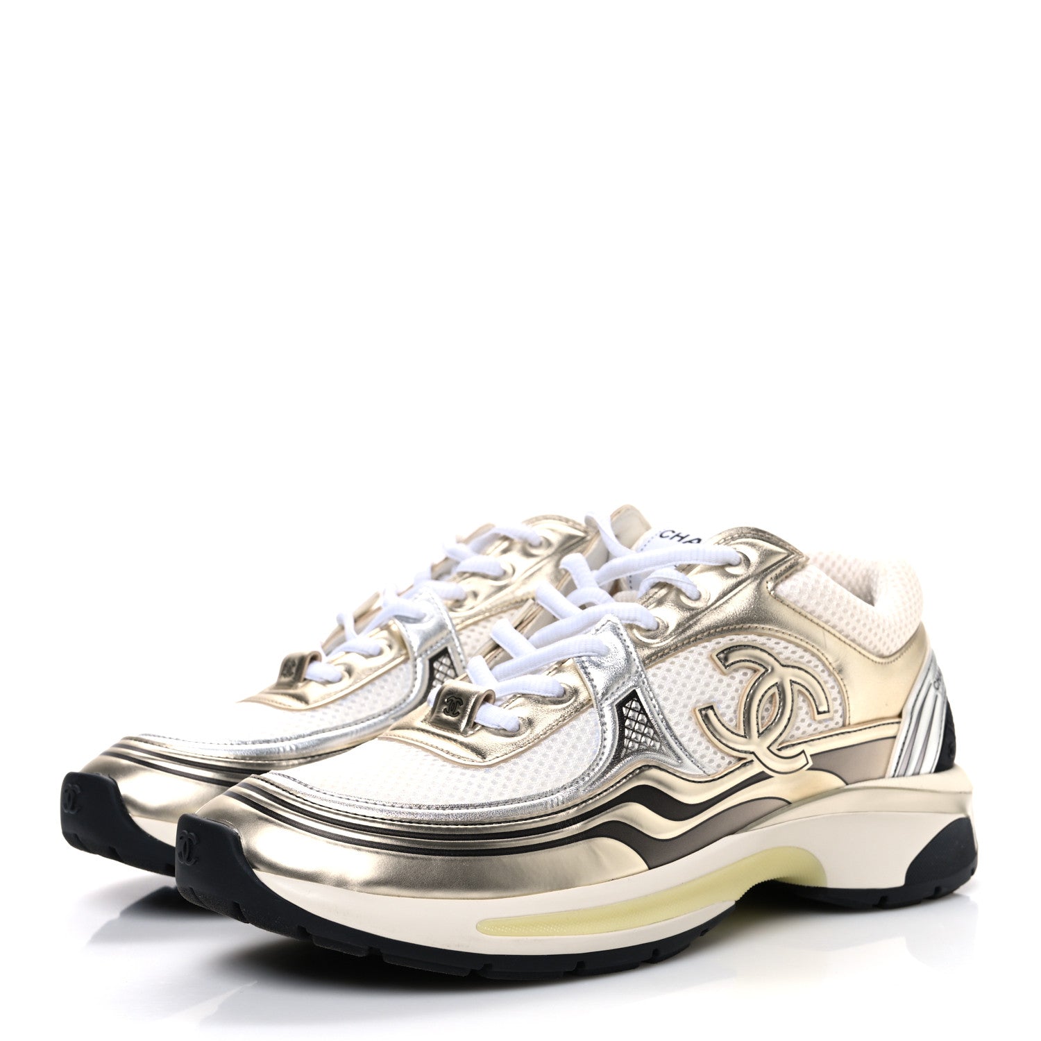 Fabric Laminated Calfskin Stretch CC Womens Sneakers 39.5 White Silver