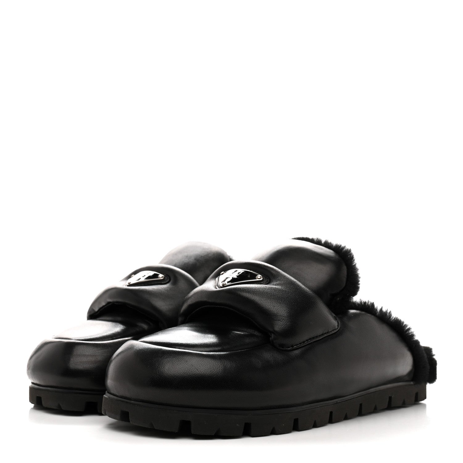 Nappa Shearling Soft Padded Metal Triangle Logo Lug Sole 20mm Mules 38 Black