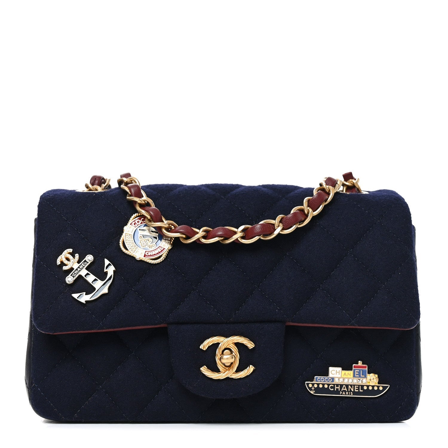 Felt Quilted Paris-Hamburg Charms Mini Rectangular Flap Black Dark Navy