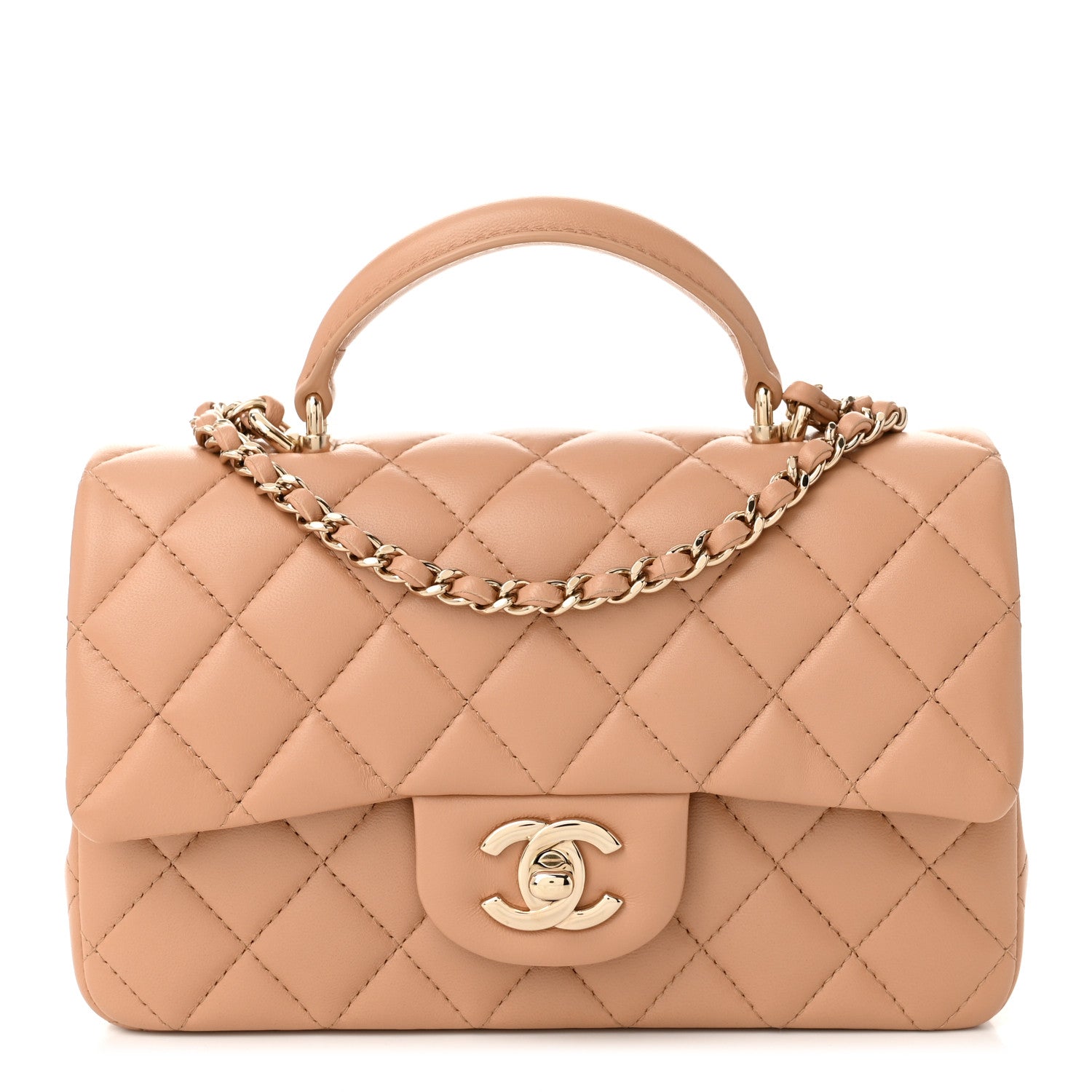 Lambskin Quilted Mini Top Handle Rectangular Flap Beige