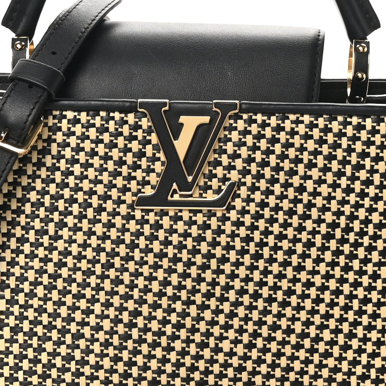 Raffia Calfskin Capucines MM Black Ecru
