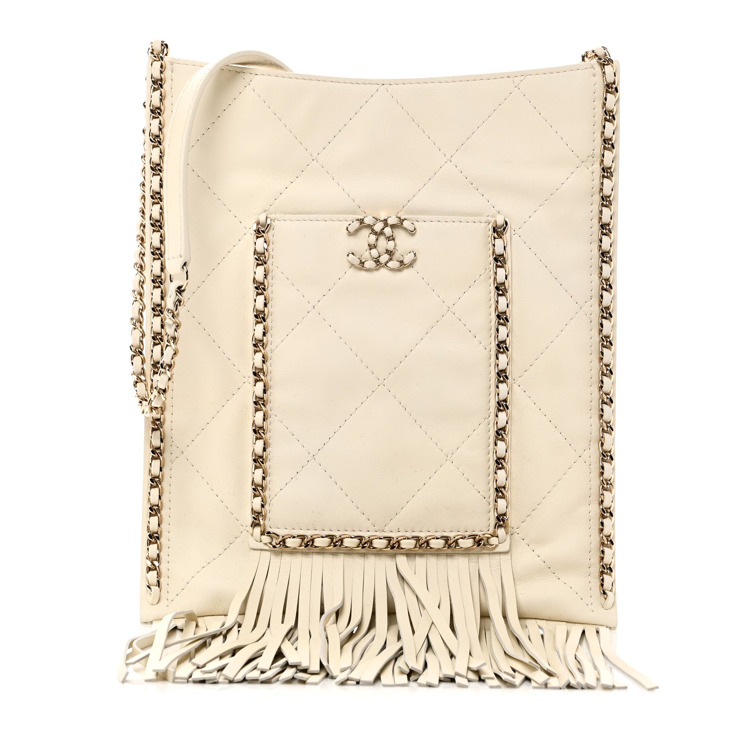 Calfskin Quilted Fringe Small Shopping Bag White
