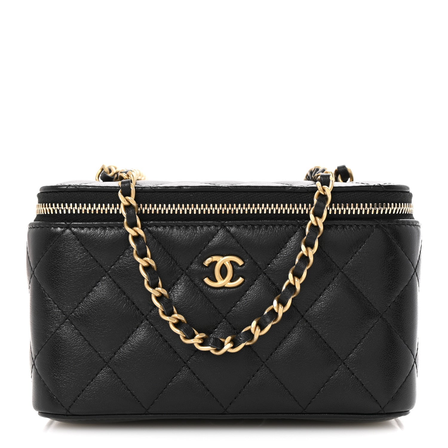 Lambskin Quilted Small Pearl Crush Vanity Case With Chain Black