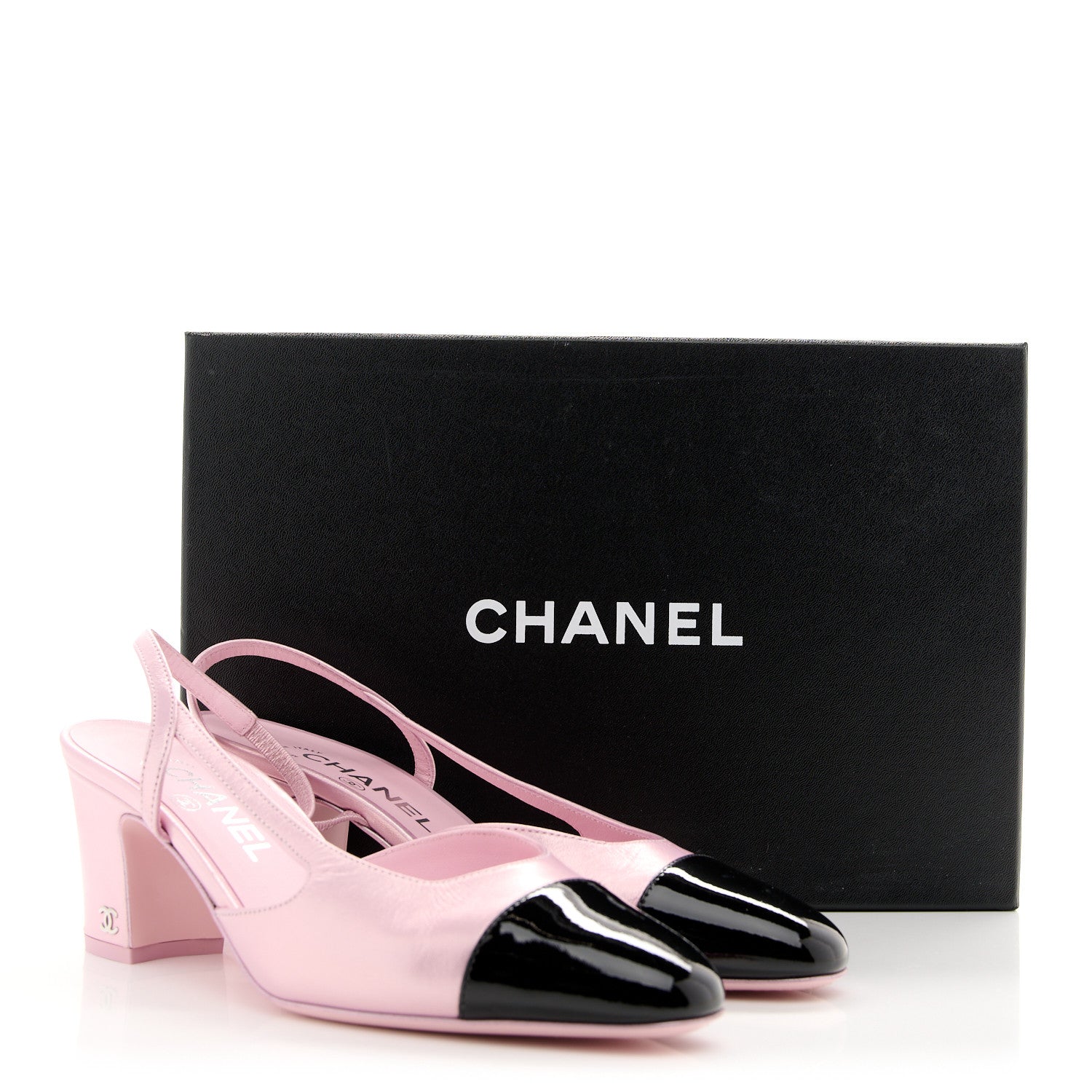 Laminated Lambskin Patent Cap Toe CC Slingback Pumps 38 Light Pink Black