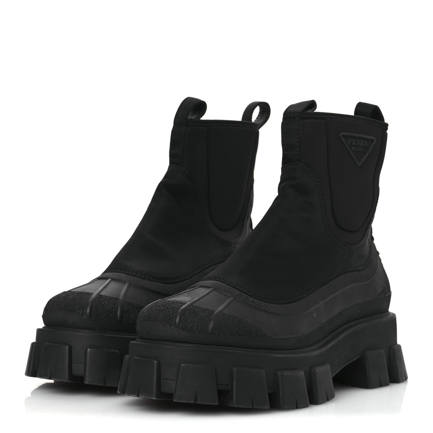 Re-Nylon Gabardine Rubber Triangle Logo Womens Monolith 55mm Ankle Boots 38 Black