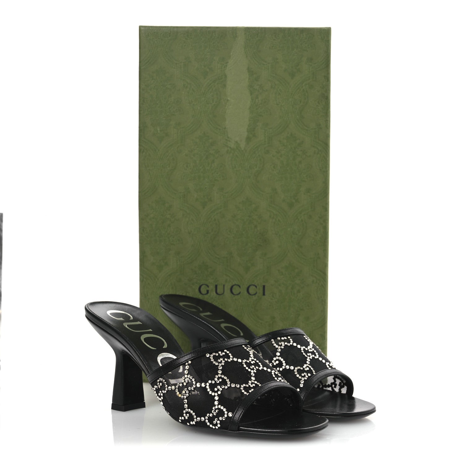 Tela Retino Kid Scamosciato Crystal GG Monogram Square Demi Mule Sandals 36 Black