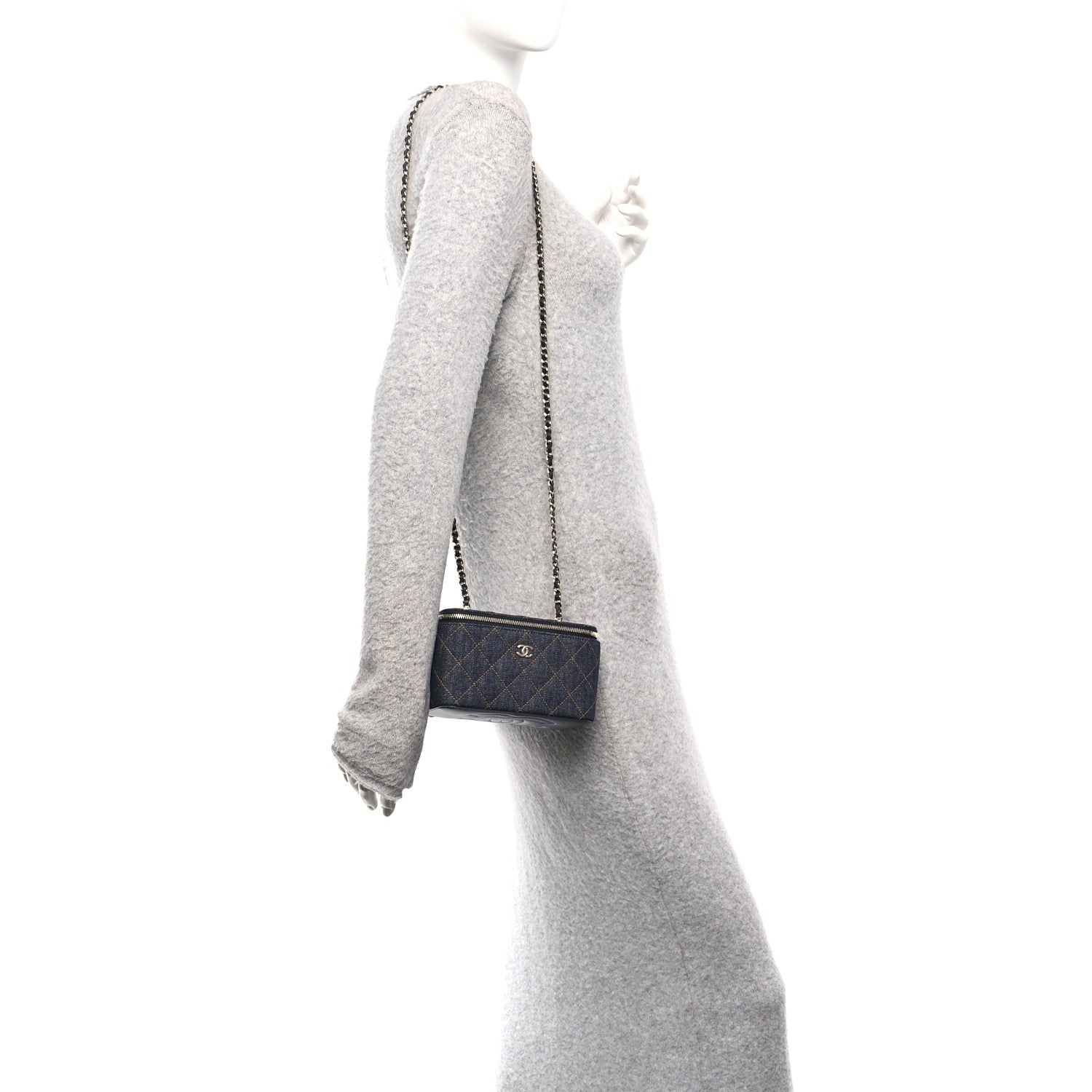 Denim Quilted Vanity Case With Chain Dark Blue