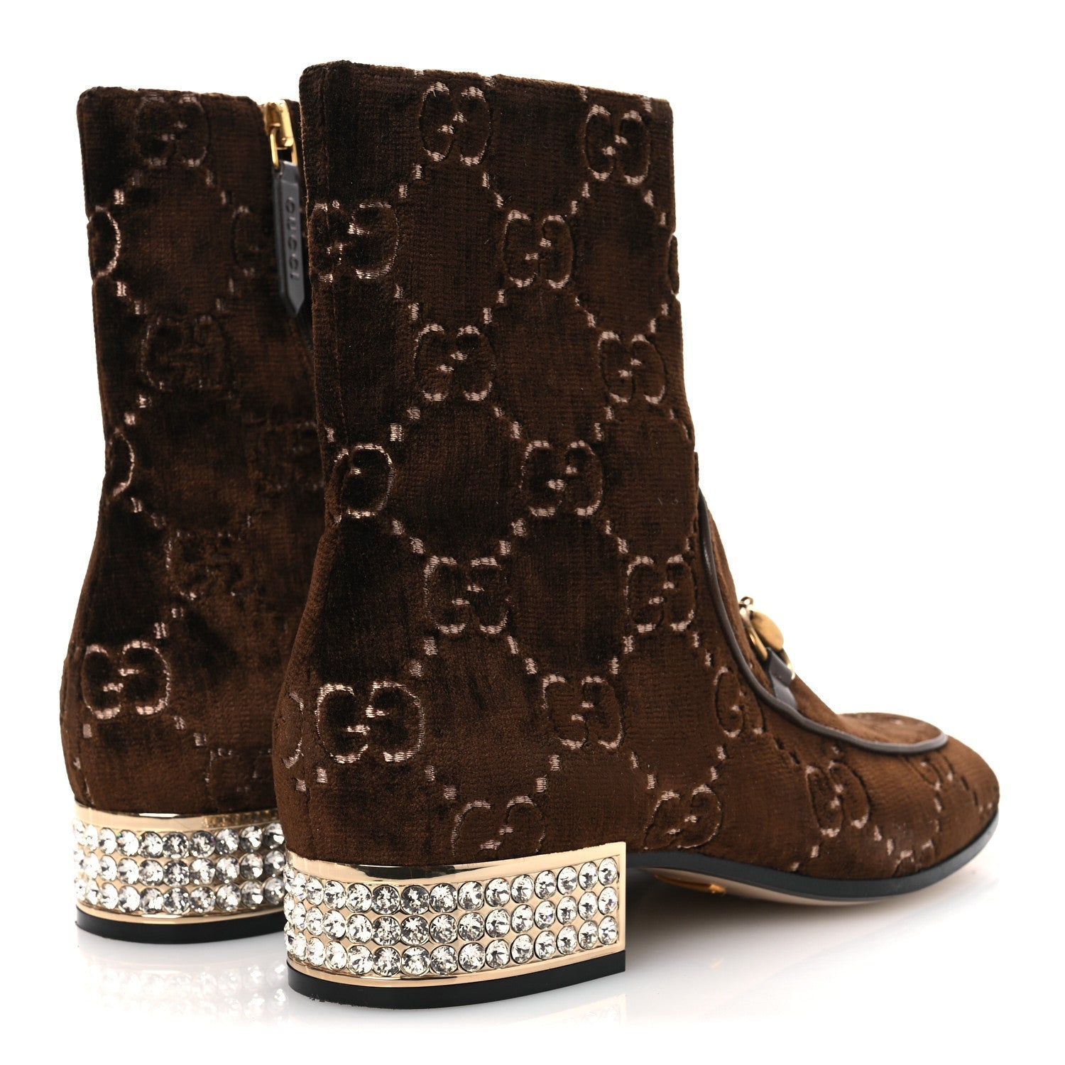 Velvet GG Monogram Crystal Horsebit Ankle Boots 37 Brown Vintage Cocoa