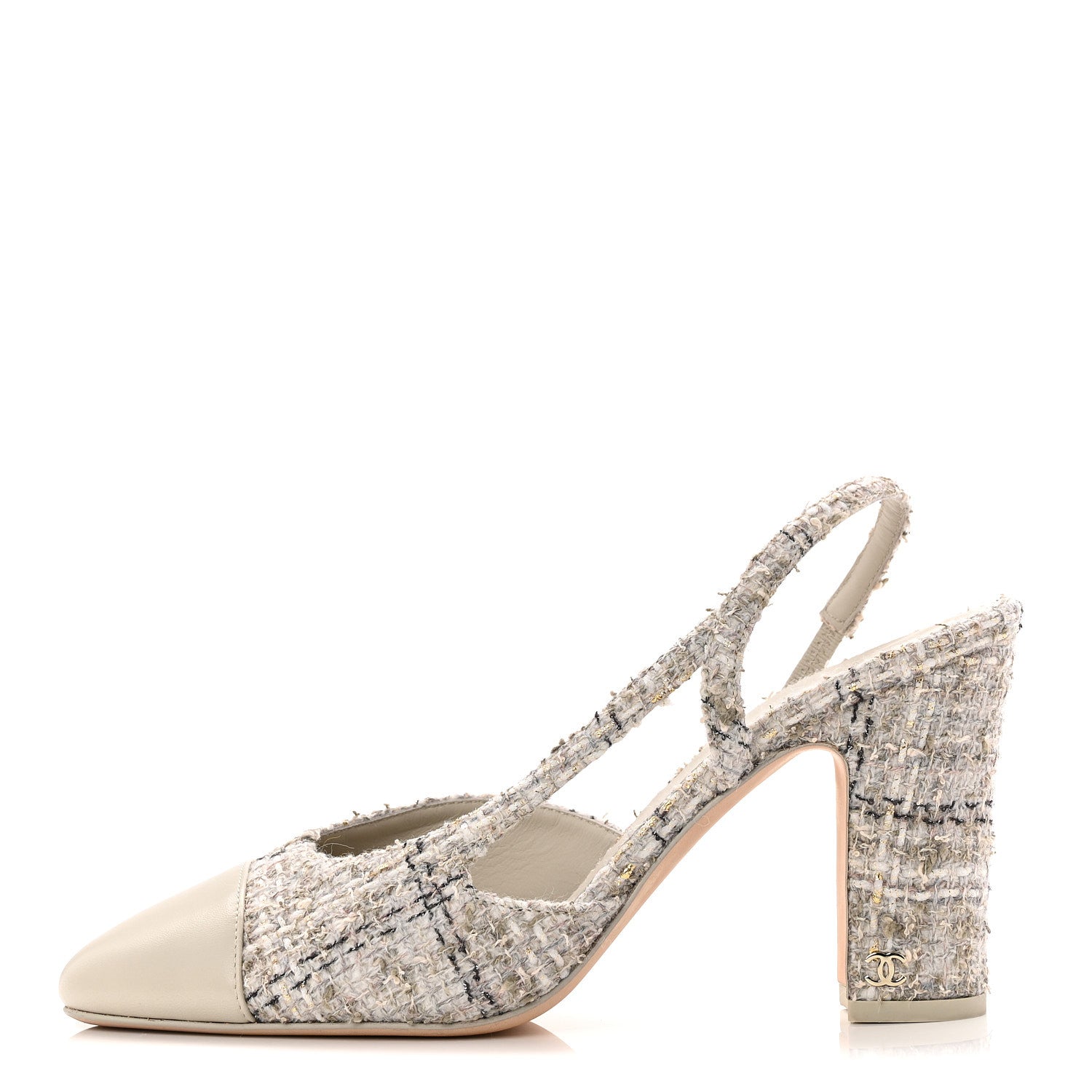 Wool Cotton Tweed Lambskin Cap Toe CC Slingback Pumps 39.5 Grey Black Gold