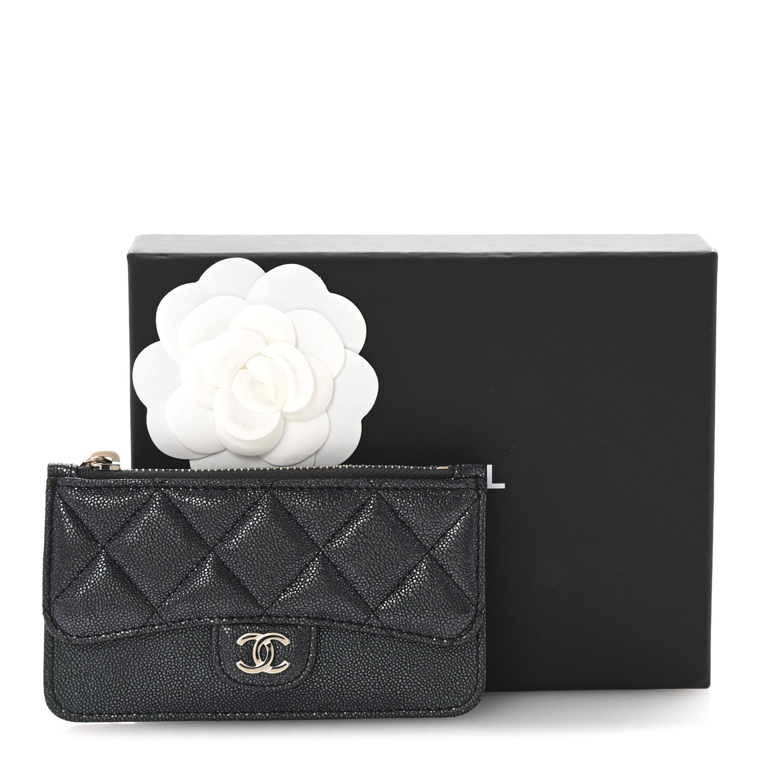 Iridescent Caviar Quilted Flap Zip Card Holder Black