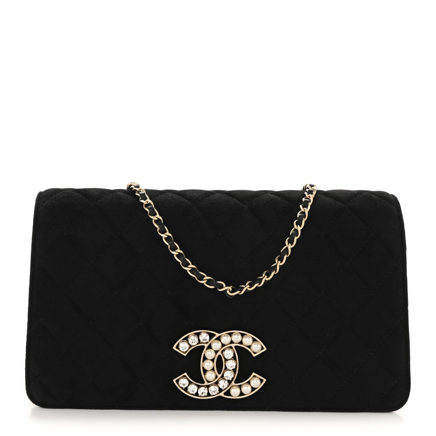 Suede Quilted Crystal Pearl CC Flap Black