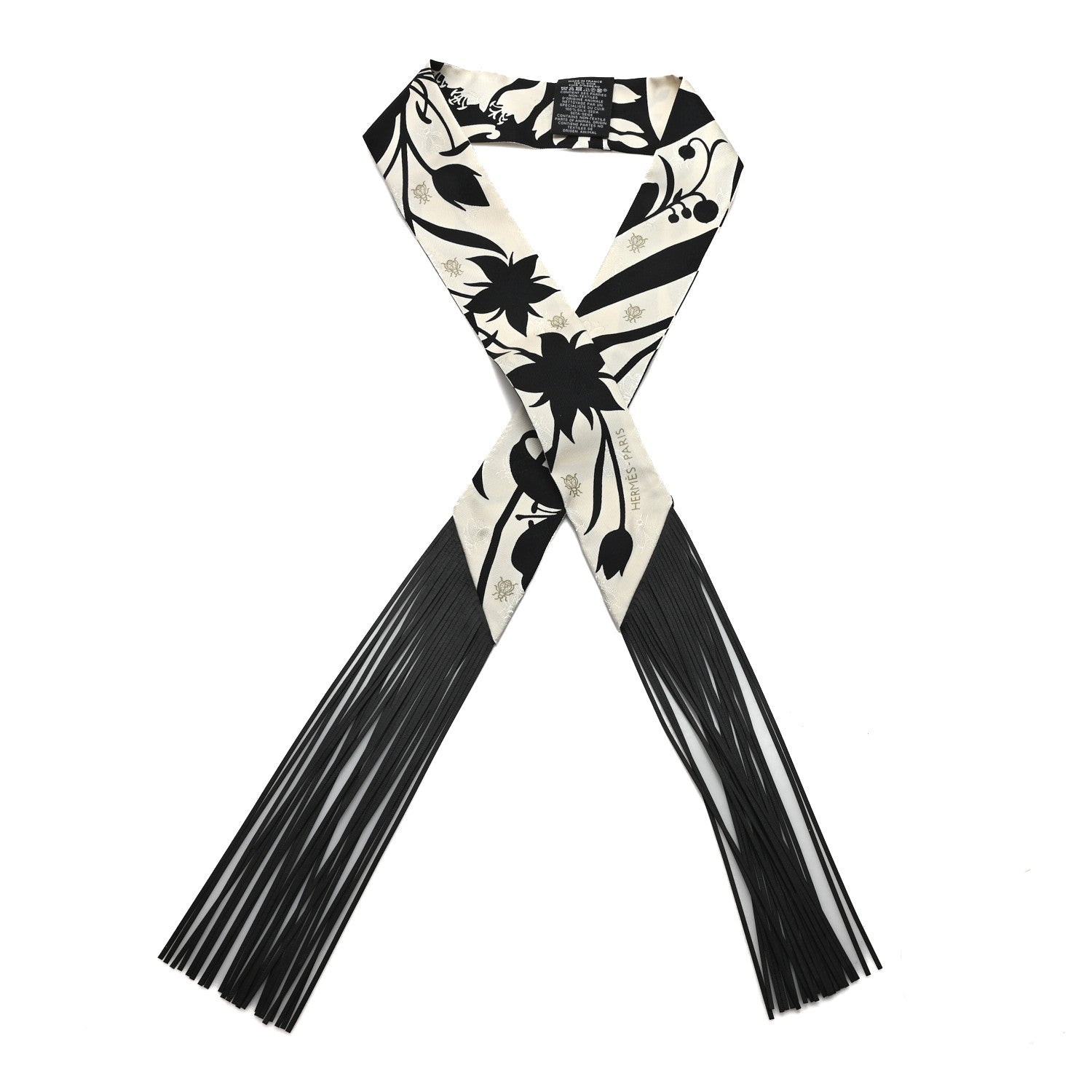 Silk Calfskin Bouquet Final Fringed Twilly Creme Black
