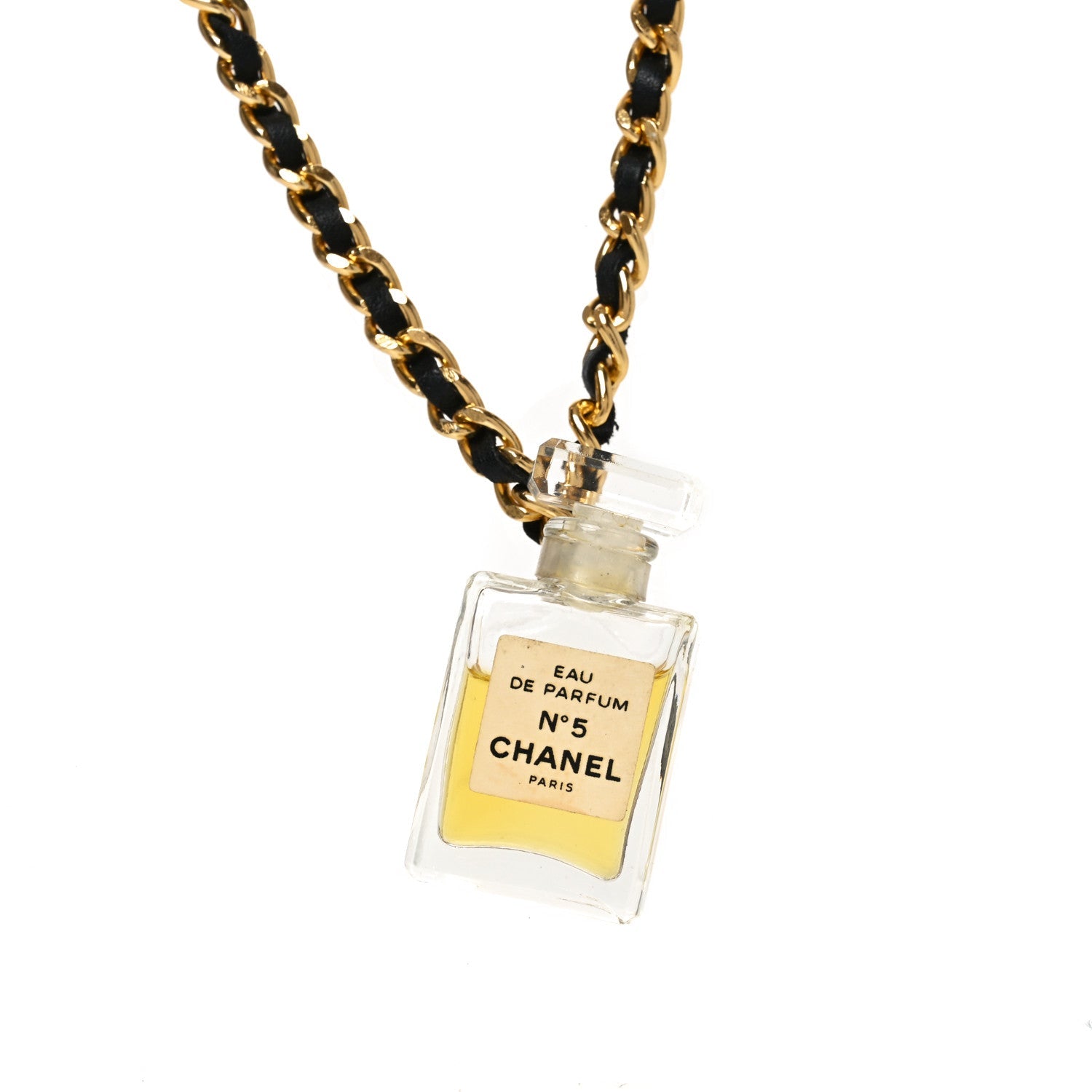 Metal Lambskin Resin CC No 5 Perfume Bottle Necklace Gold Black