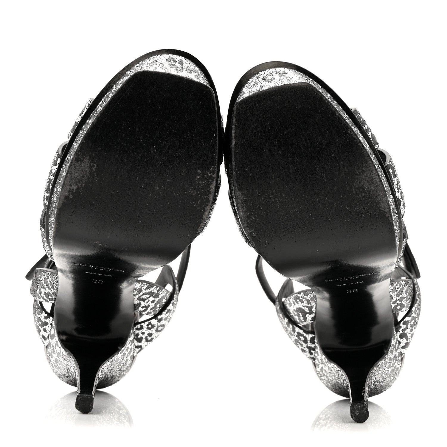Metallic Calfskin Leopard Print Tribute 105 Platform Sandals 38  Black Silver