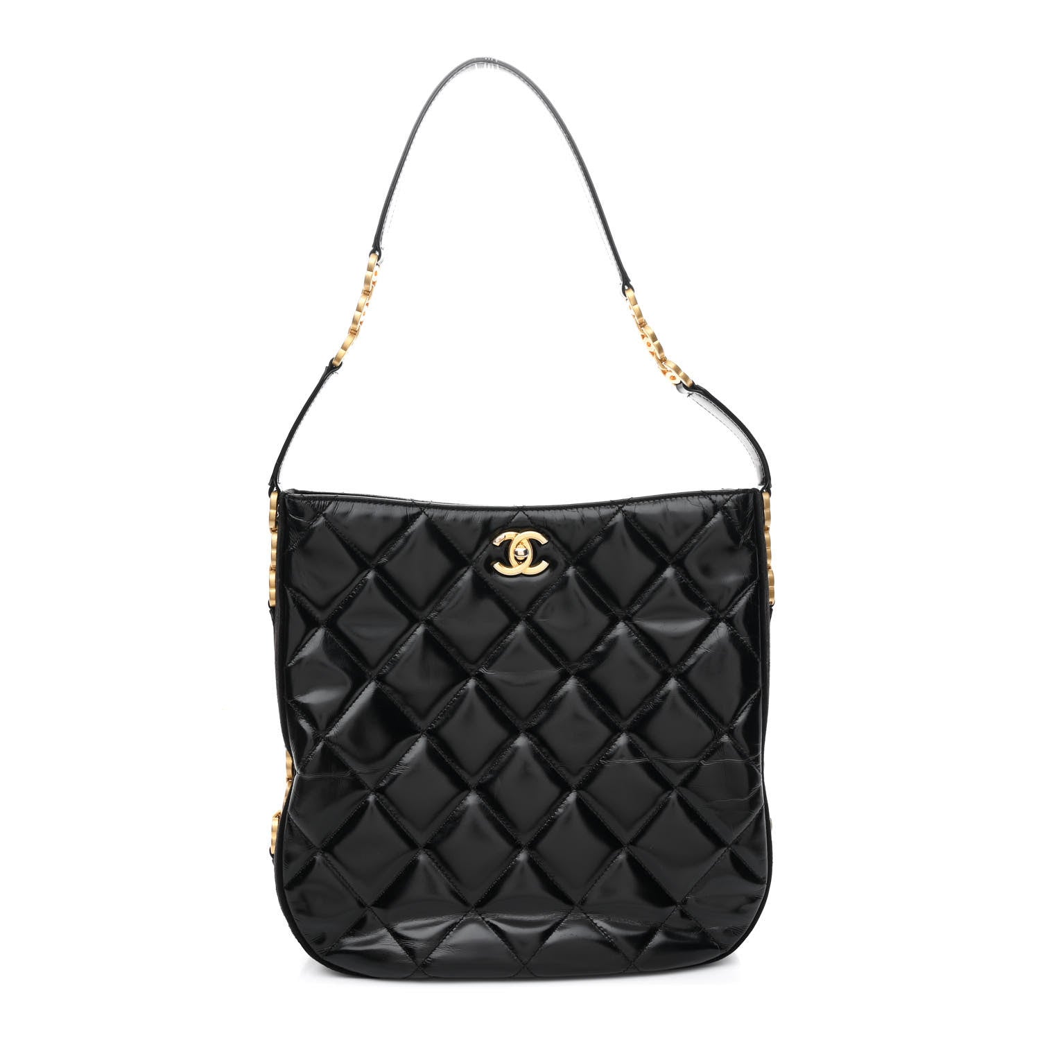 Shiny Calfskin Suede Goatskin Quilted Hobo Black